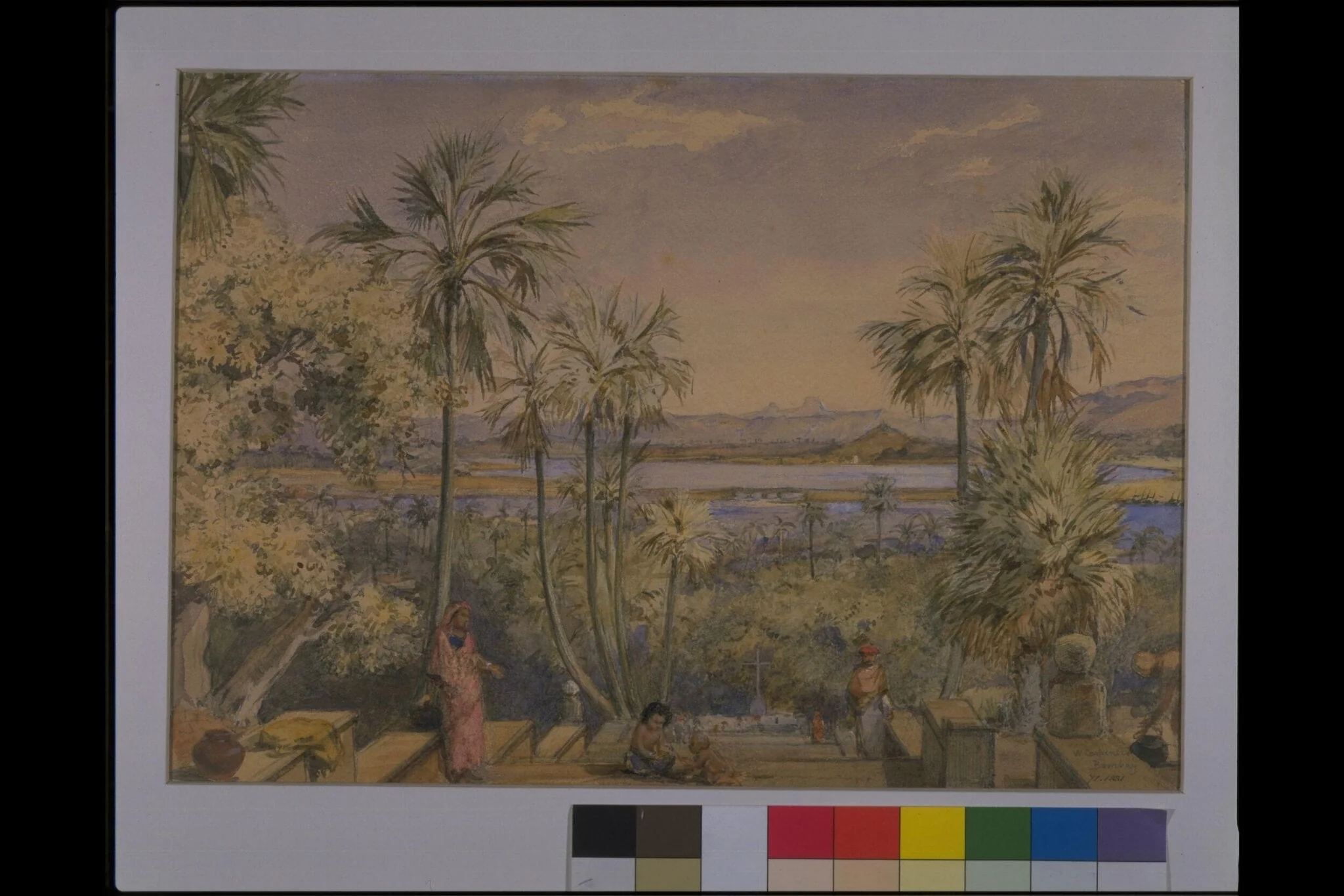 View eastwards from the steps behind Mount Mary Church, Bandra, Bombay, by William Carpenter, paint, 25