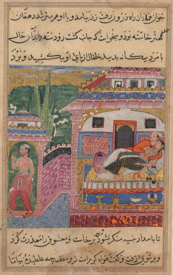 The farmer, father of the son with the deceitful wife, steals away with her anklet while she is in bed with her lover, from a Tuti-nama (Tales of a Parrot): Eighth Night, by Unknown, unspecified, 1560