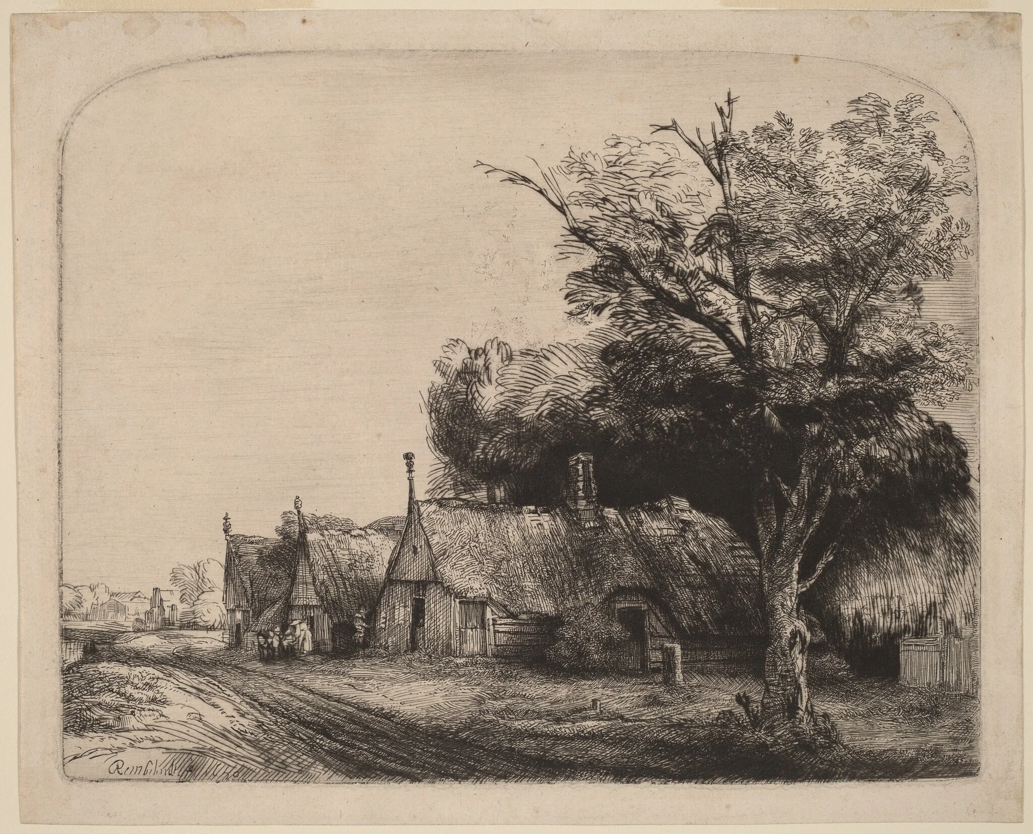 Landscape with Three Gabled Cottages beside a Road, by Rembrandt, ink, 1650