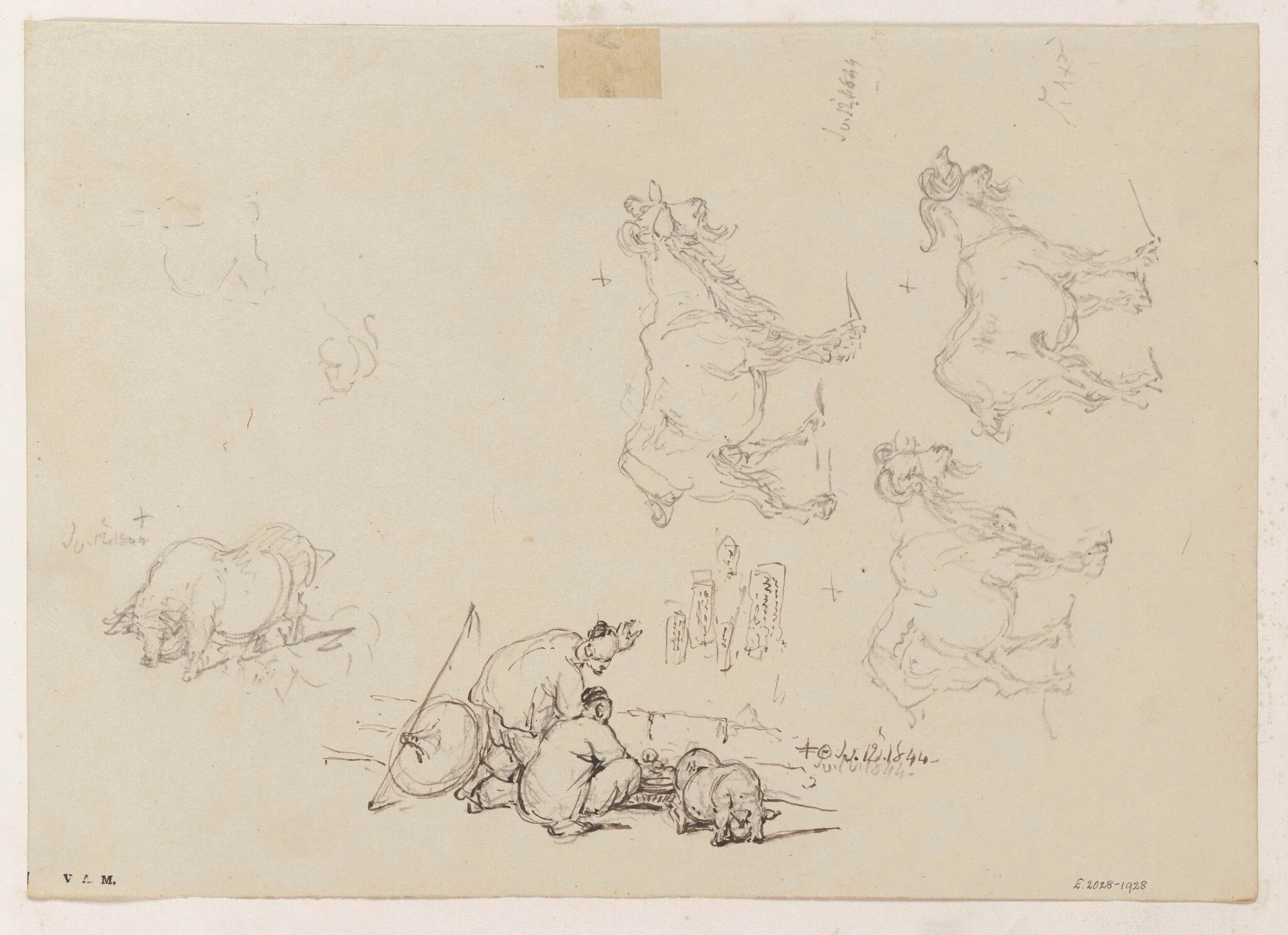 Two figures with a basket, goats and pigs