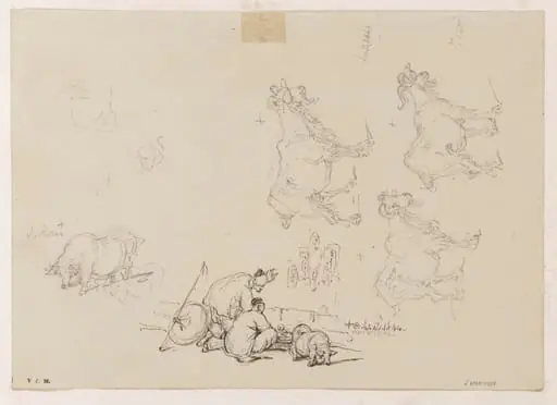 Two figures with a basket, goats and pigs