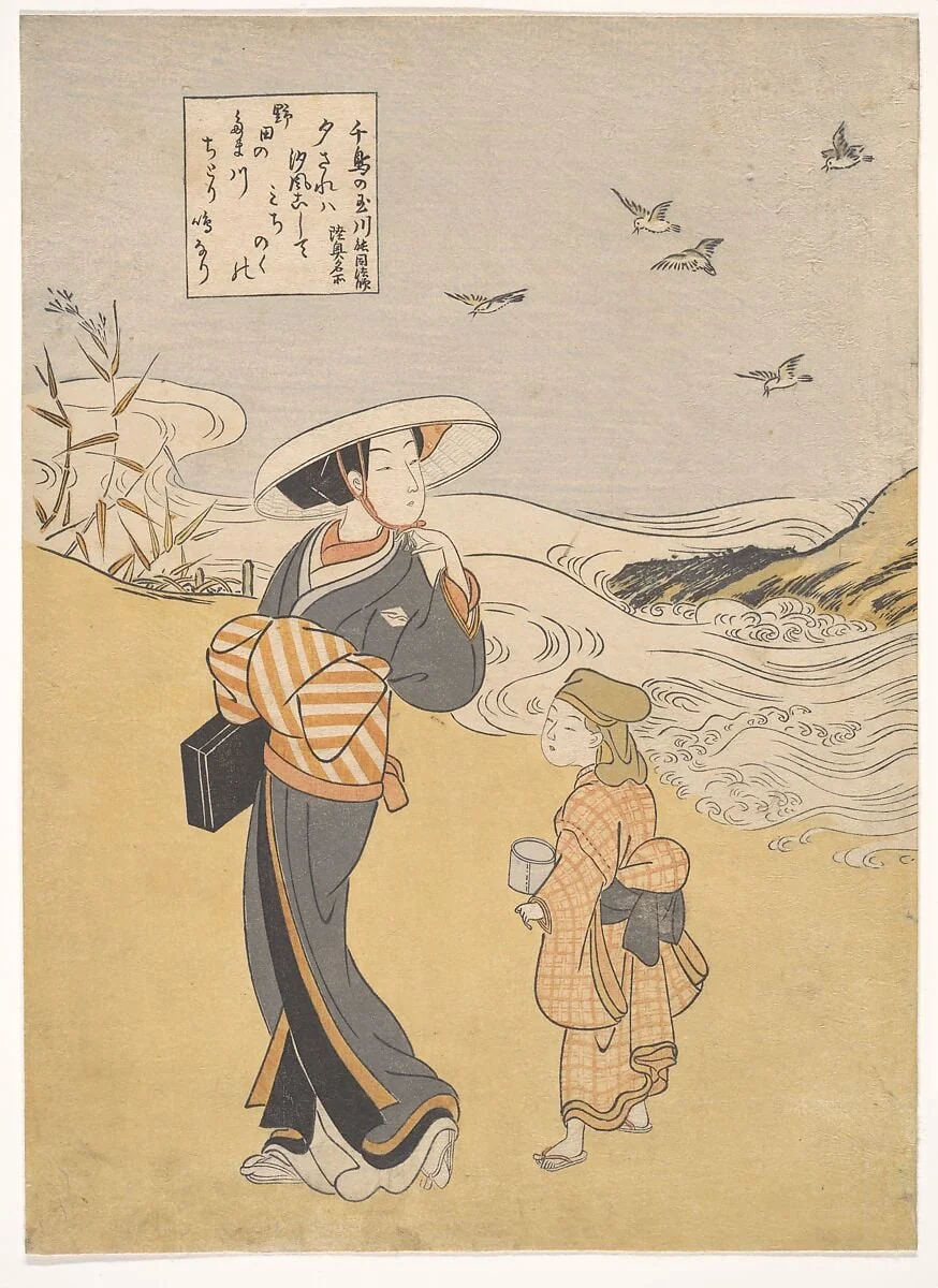 六玉川　「千鳥の玉川　陸奥名所」|“The Jewel River of Plovers, a Famous Place in Mutsu Province,” from the series Six Jewel Rivers (Mu Tamagawa: Chidori no Tamagawa, Mutsu meisho), by Suzuki Harunobu, ink, 1748