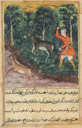 The gardener seizes and beats a donkey who insisted on braying, while the deer, its companion flees to safety, from a Tuti-nama (Tales of a Parrot): Forty-first Night
