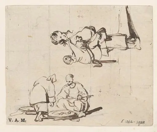 A boatwoman with a vendor, and a boatwoman with a child