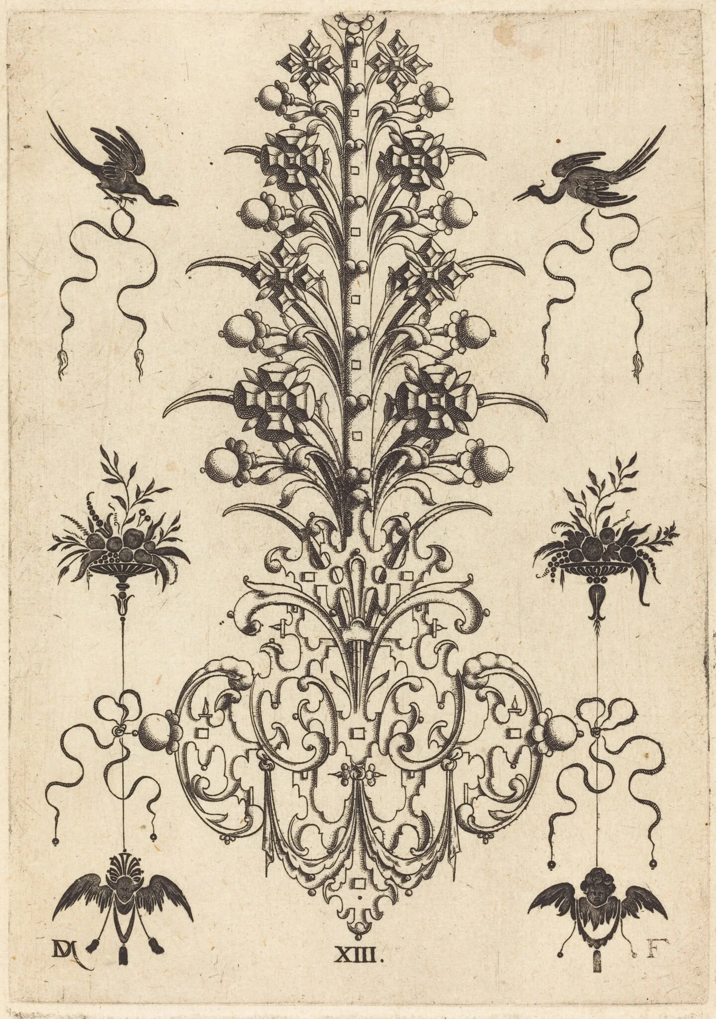 Hyacinth-Shaped Brooch with Birds at Top and Devil's- and Angel's-Head at Bottom, by Daniel Mignot, ink, 1596
