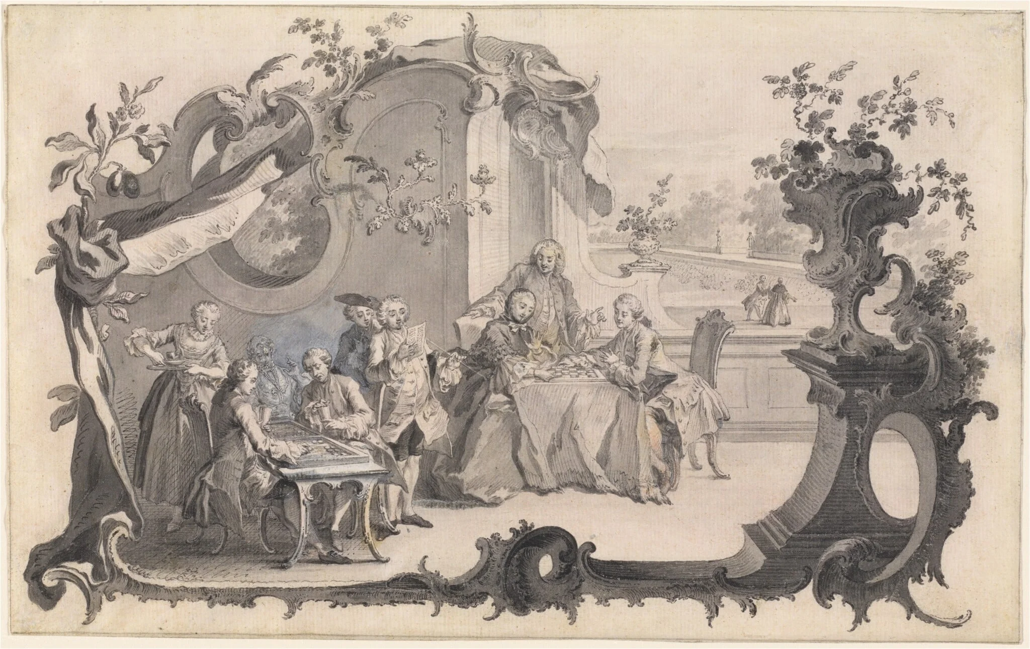 An Elegant Company Playing Board Games, by Johann Esaias Nilson, ink, 1756