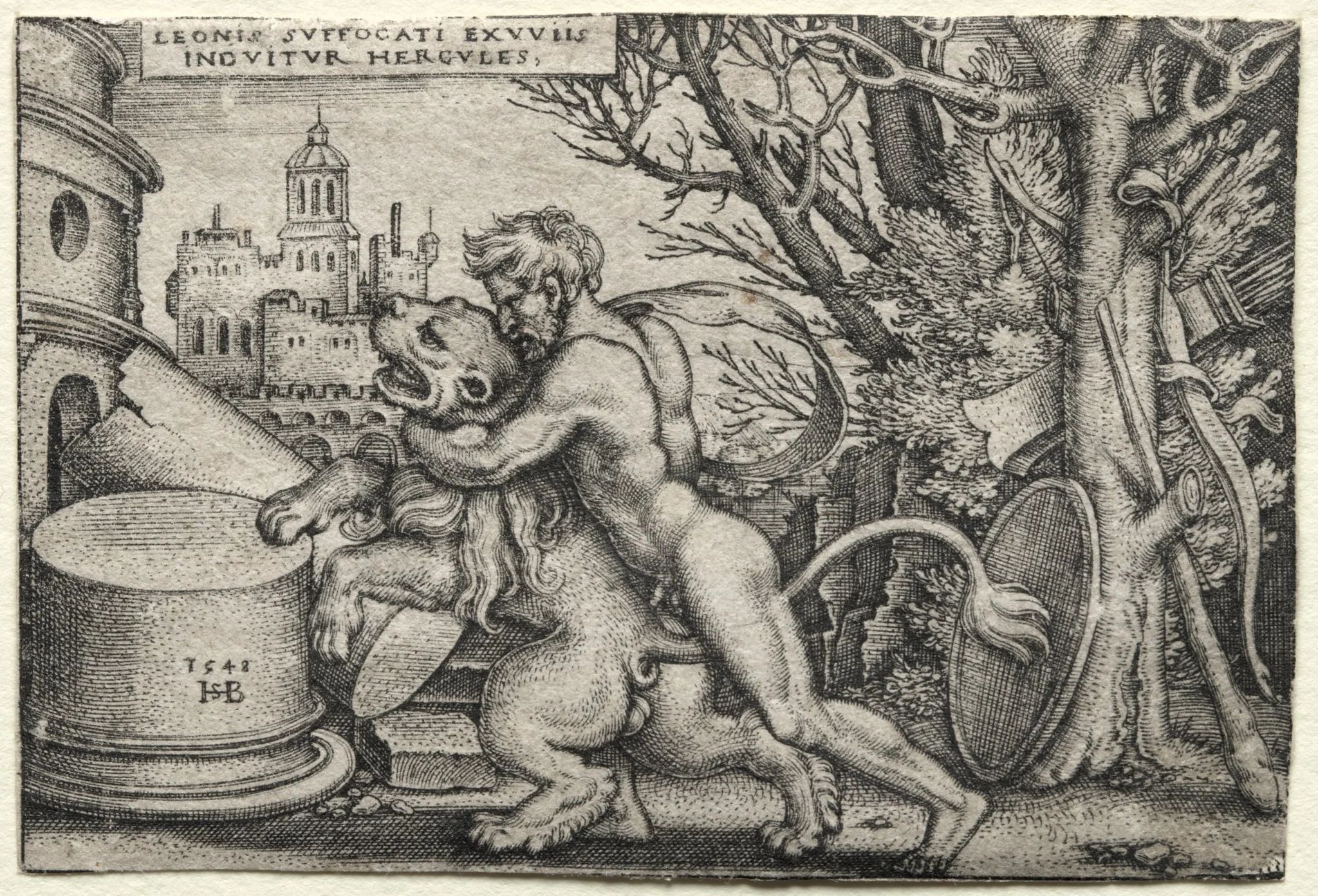 The Labors of Hercules: Hercules Strangling the Nemean Lion, by Sebald Beham, 1548