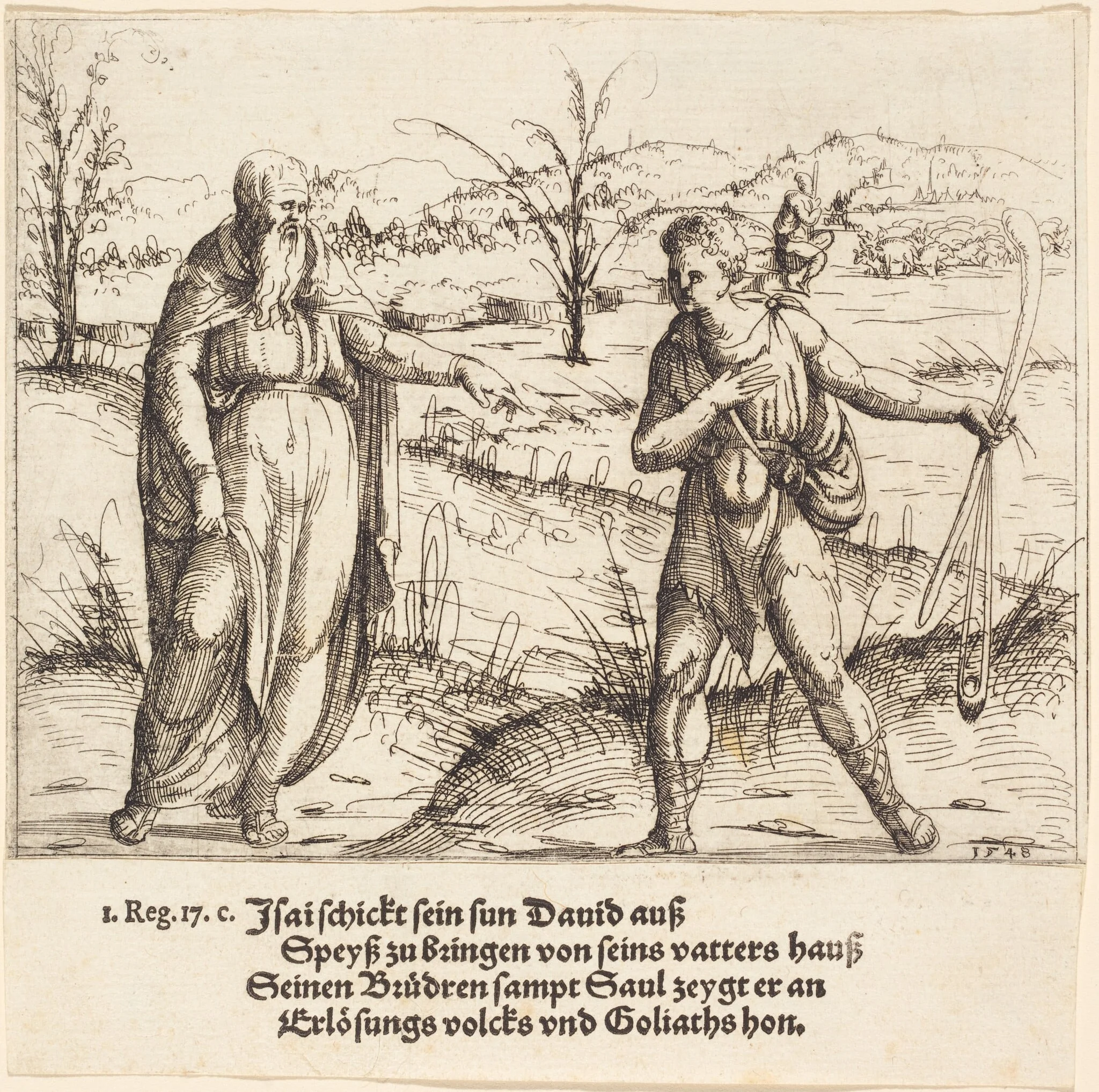 Jesse Sends David to His Brothers and Saul, by Augustin Hirschvogel, ink, 1548