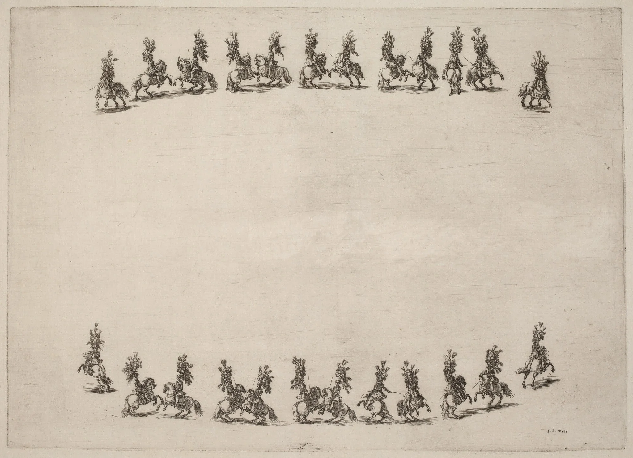 Twenty-Four Cavorting Cavaliers, by Stefano Della Bella, ink, 1652