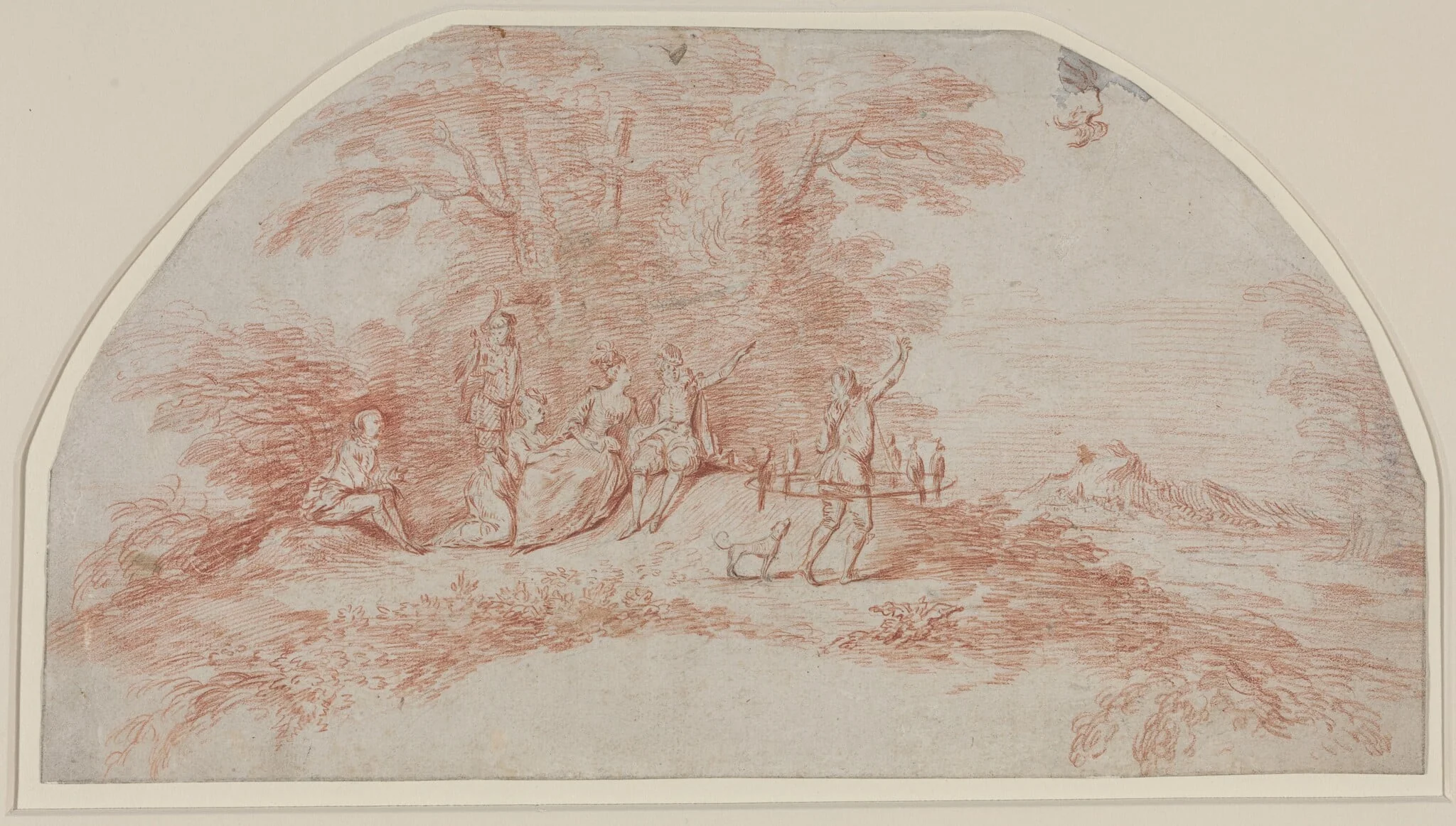 A Fête Galante with Falconers, by Jean Antoine Watteau, graphite, 1712