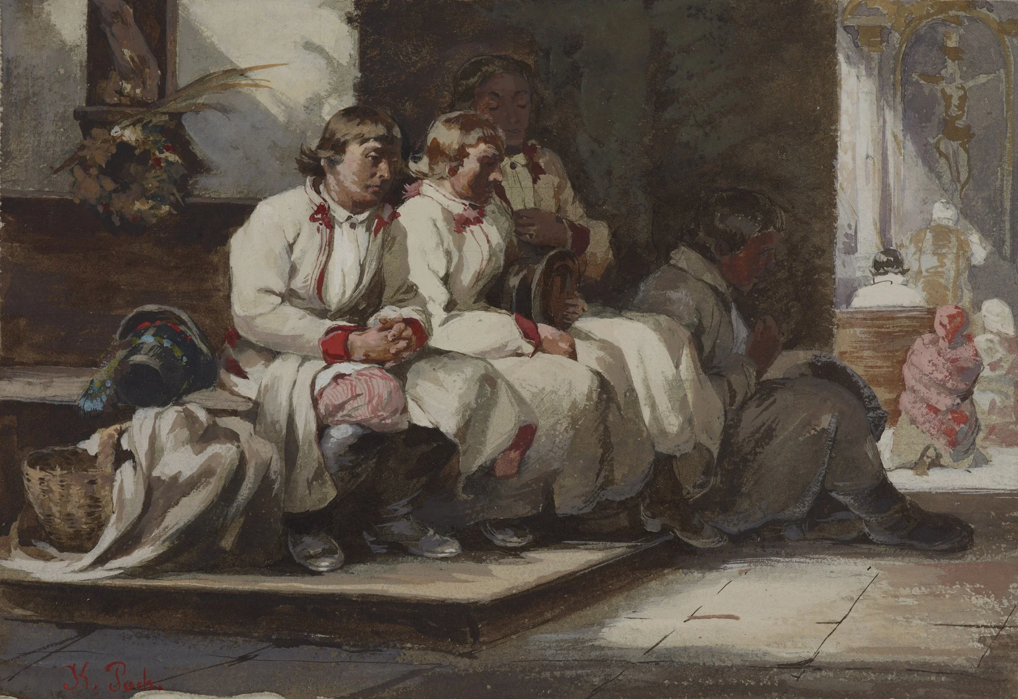 In the Church Porch, by Kazimierz Pochwalski, watercolor, 1905