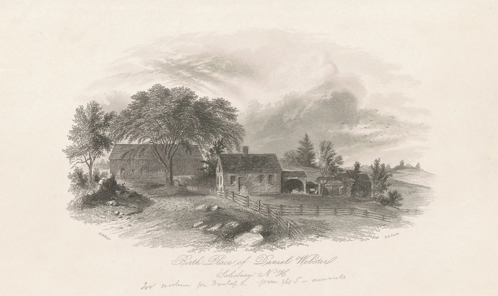 Birth Place of Daniel Webster, Salisbury, New Hampshire, by Hammat Billings, ink, 1851