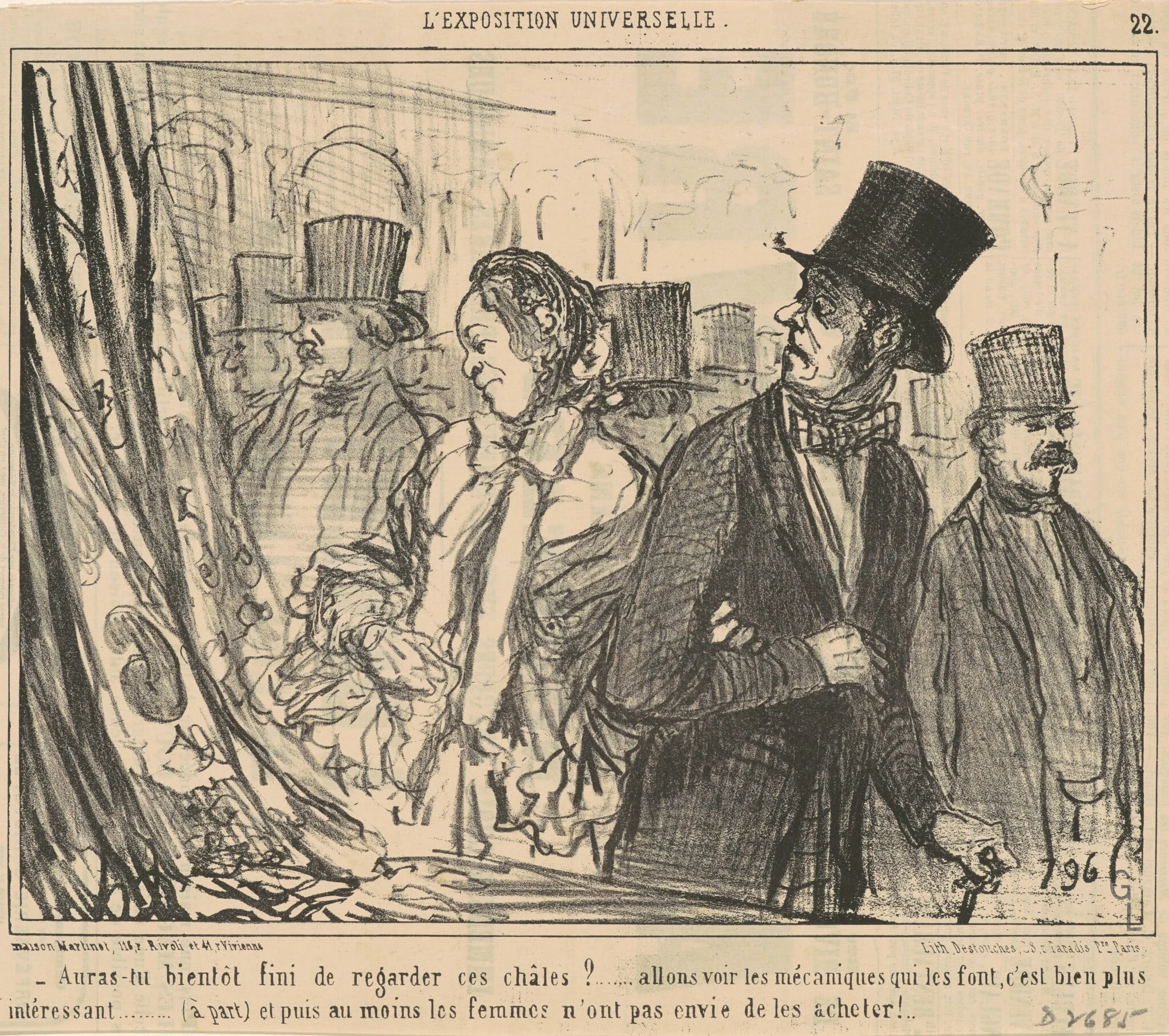 Auras-tu bientot fini de regarder ces chales?, by Honoré Daumier, ink, 1855