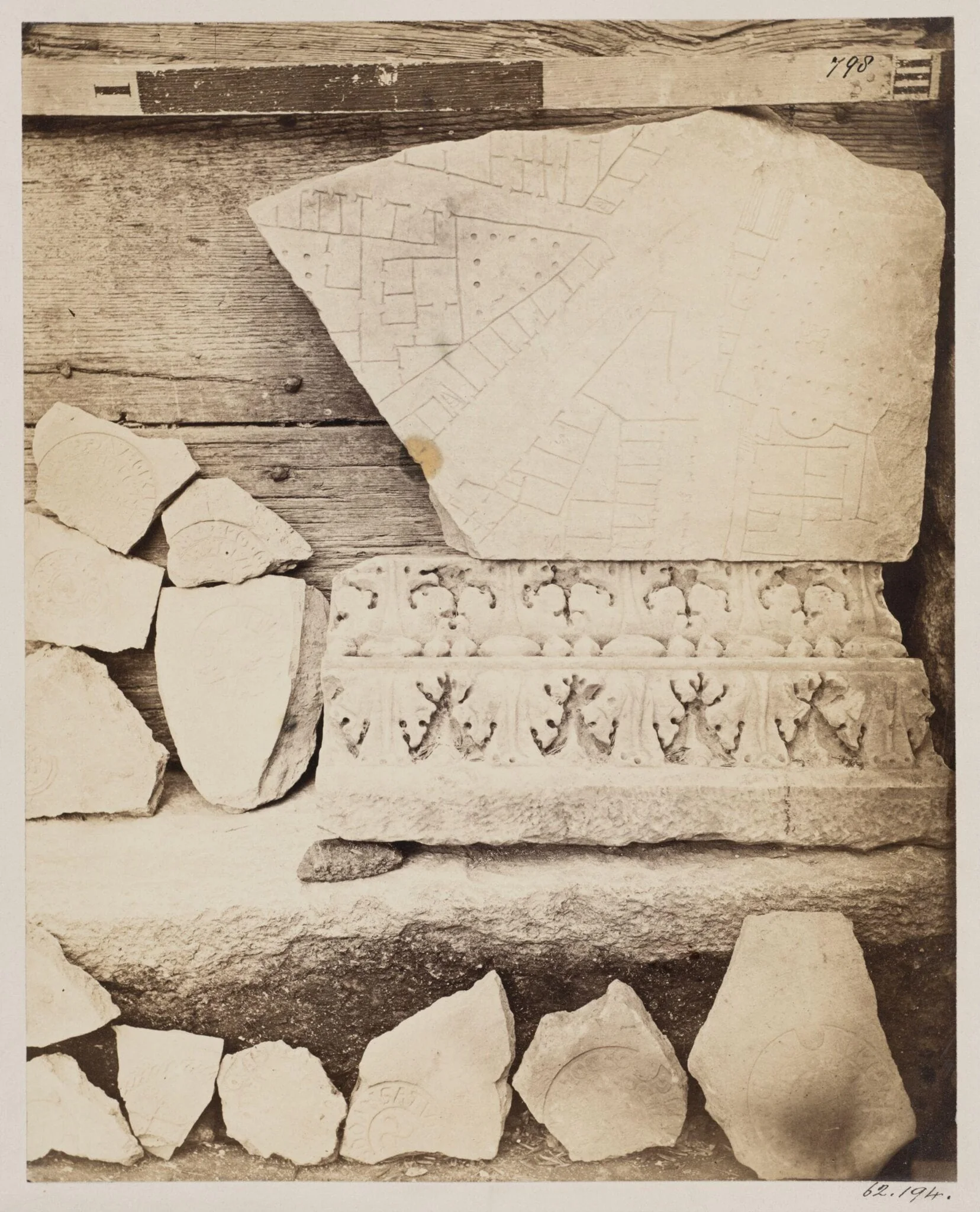 Sculptures - Cornice and Tiles of the third century, found with the fragments of the Marble Plan in 1867, at SS. Cosmas and Damian., by John Henry Parker, photographic, 1867