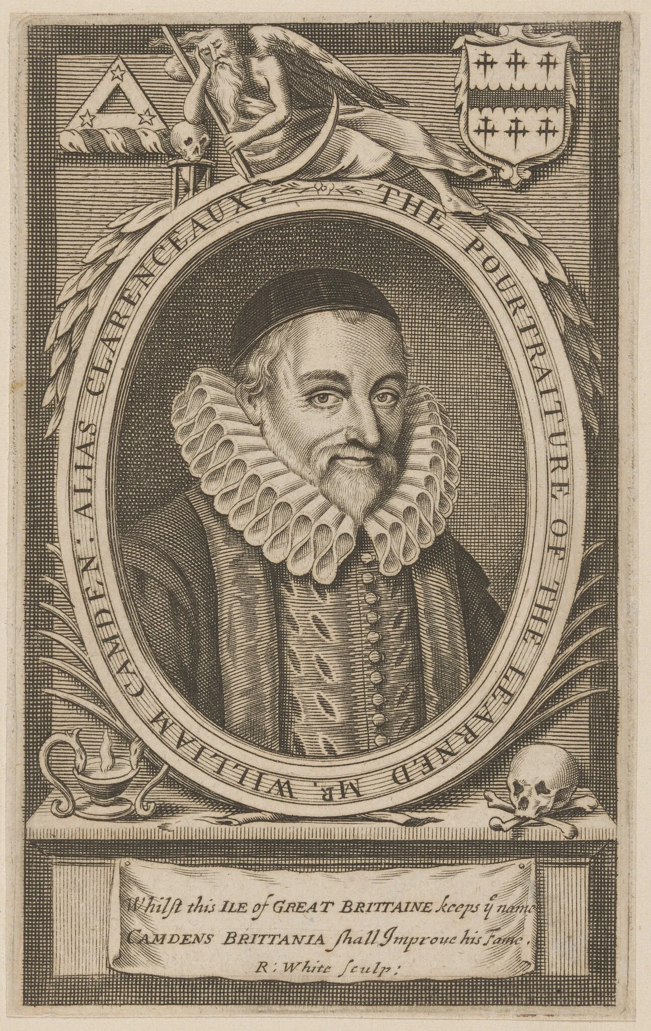 William Camden, by Robert White, ink, 1674