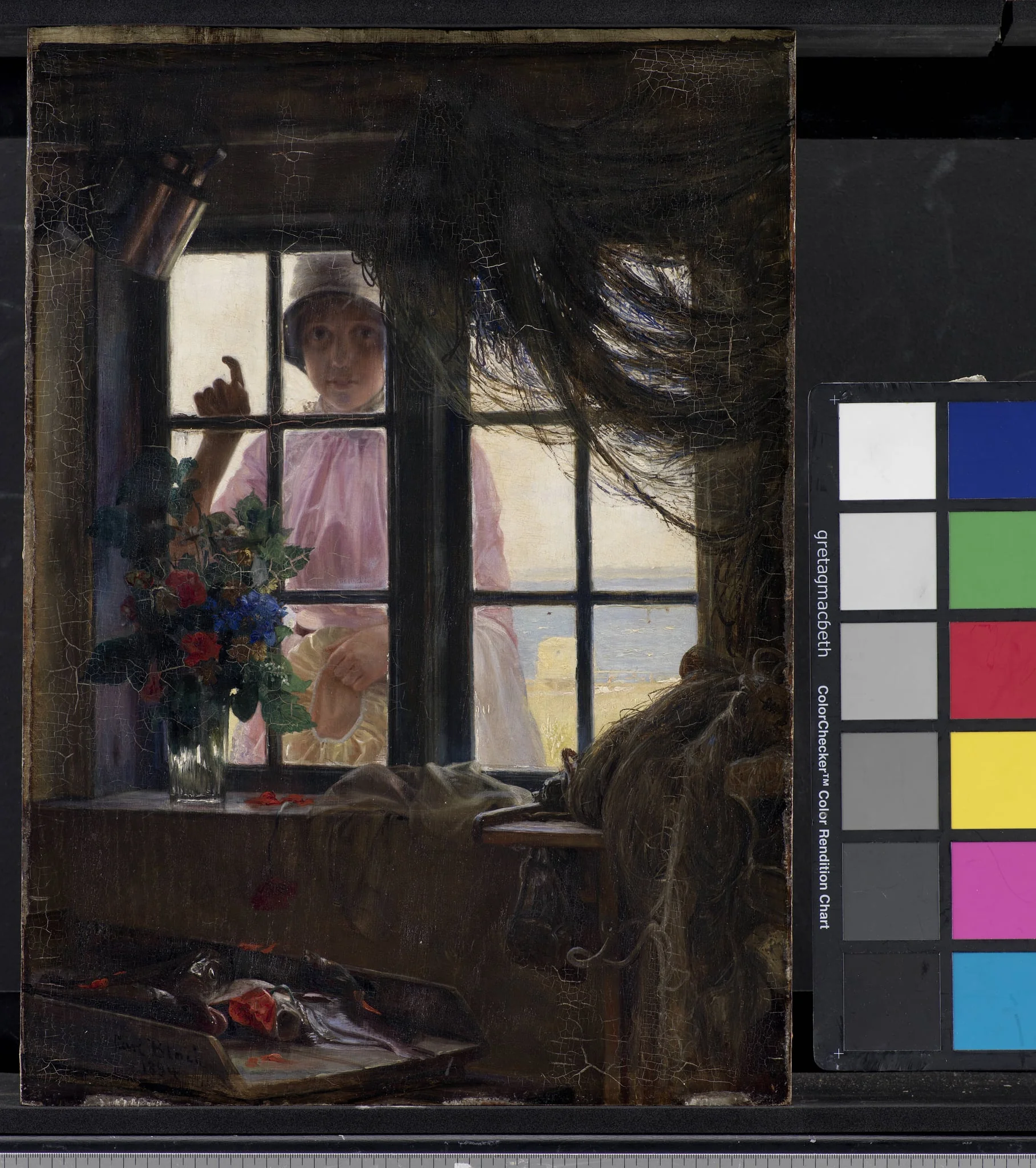 After the Bath. A Young Girl Knocking at the Fisherman's Window, by Unknown, 1884
