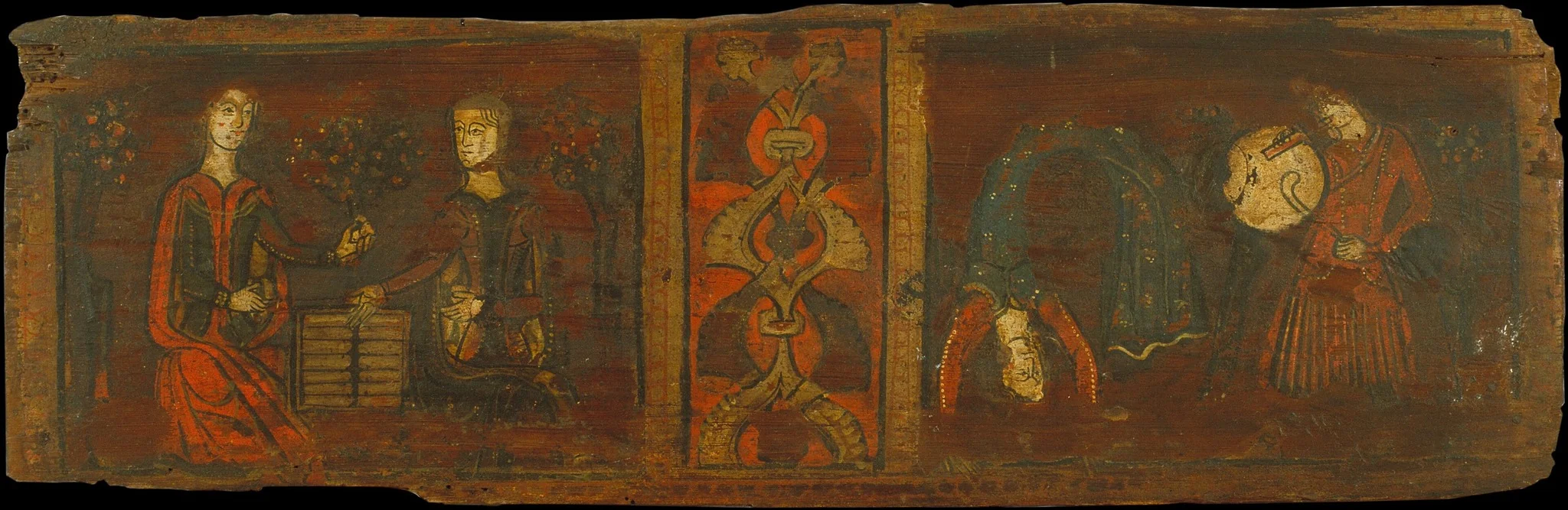 Small coffered ceiling panel with scenes of gallantry and dancing