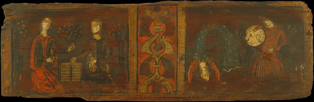 Small coffered ceiling panel with scenes of gallantry and dancing