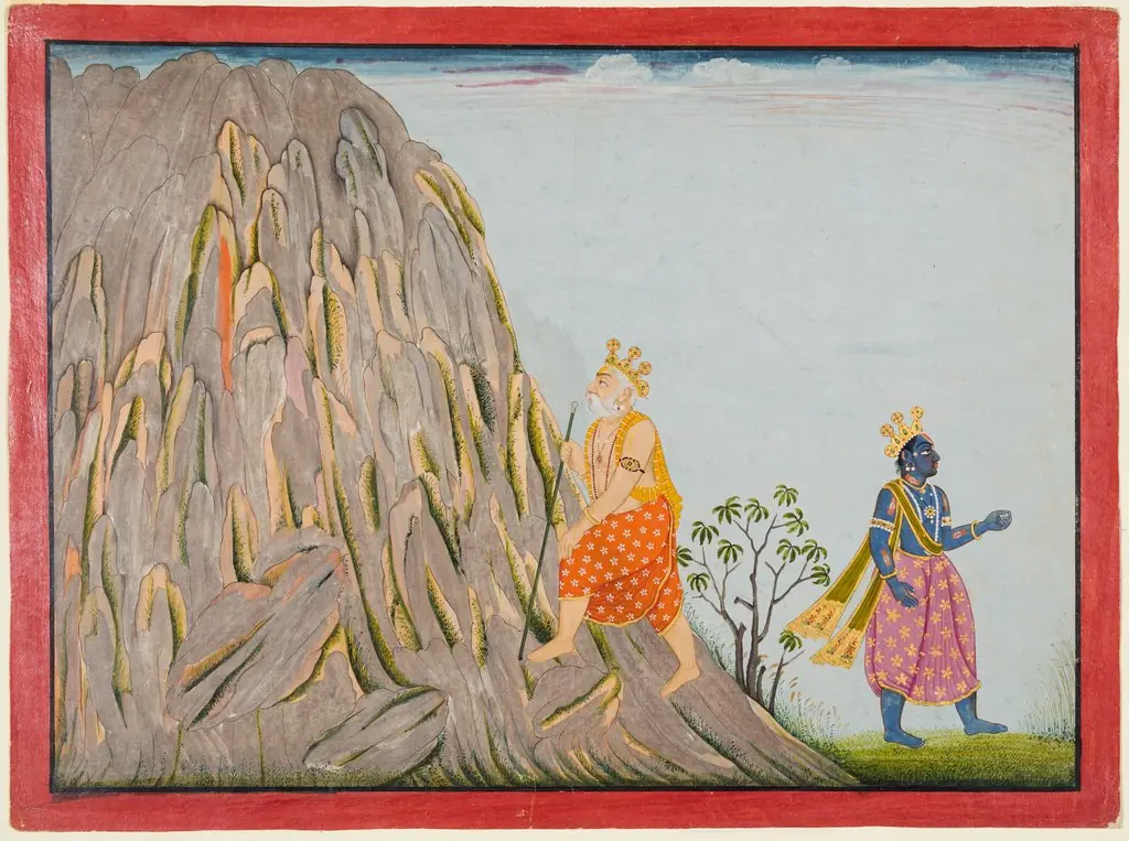 King Muchukunda Enters the Realm of Mount Gandhamadana to Attain Salvation, from the “Fifth Basohli Bhagavata Purana”