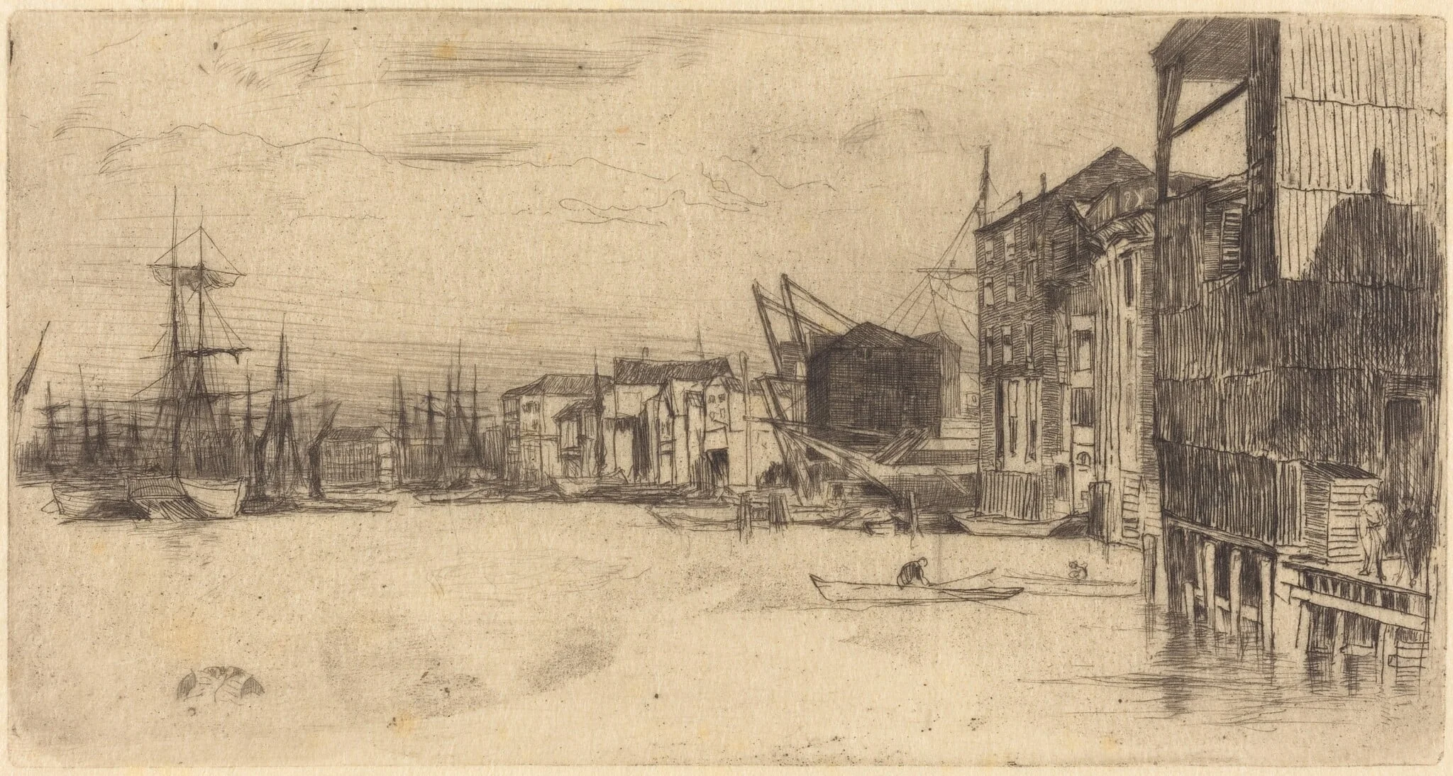 Free Trade Wharf, by James McNeill Whistler, ink, 1877