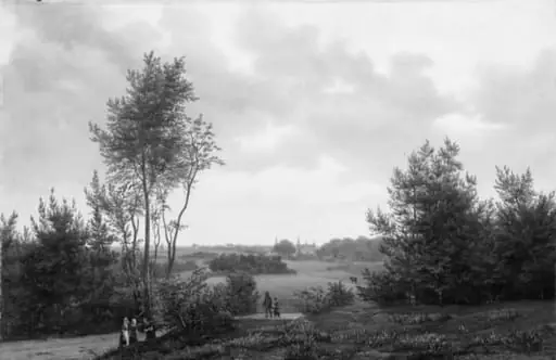 Udsigt fra Munkevang over Frederiksborg ved solnedgang