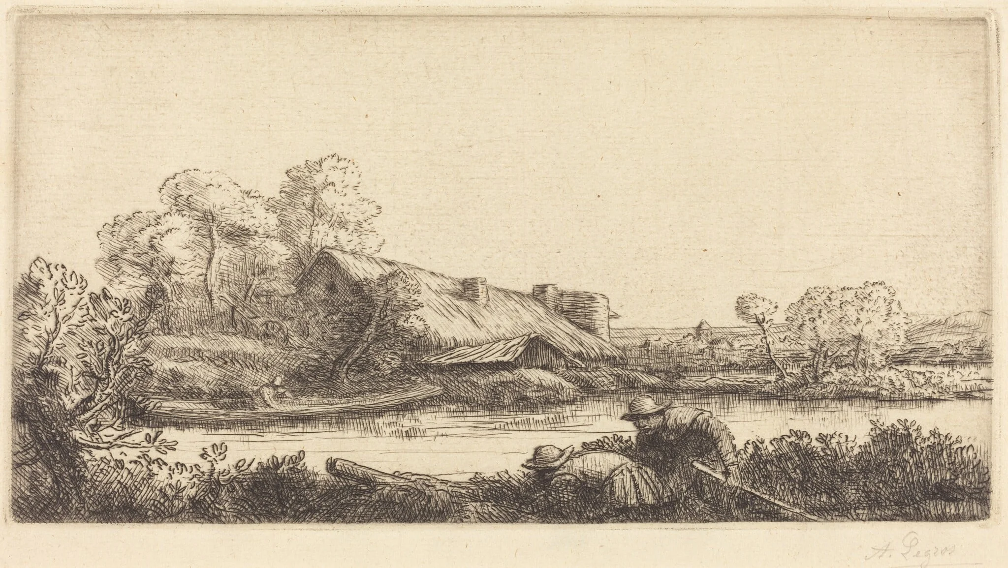 Farm along the River seen by Evening Light (La ferme sur la riviere: Effet du soir), by Alphonse Legros, ink, 1874