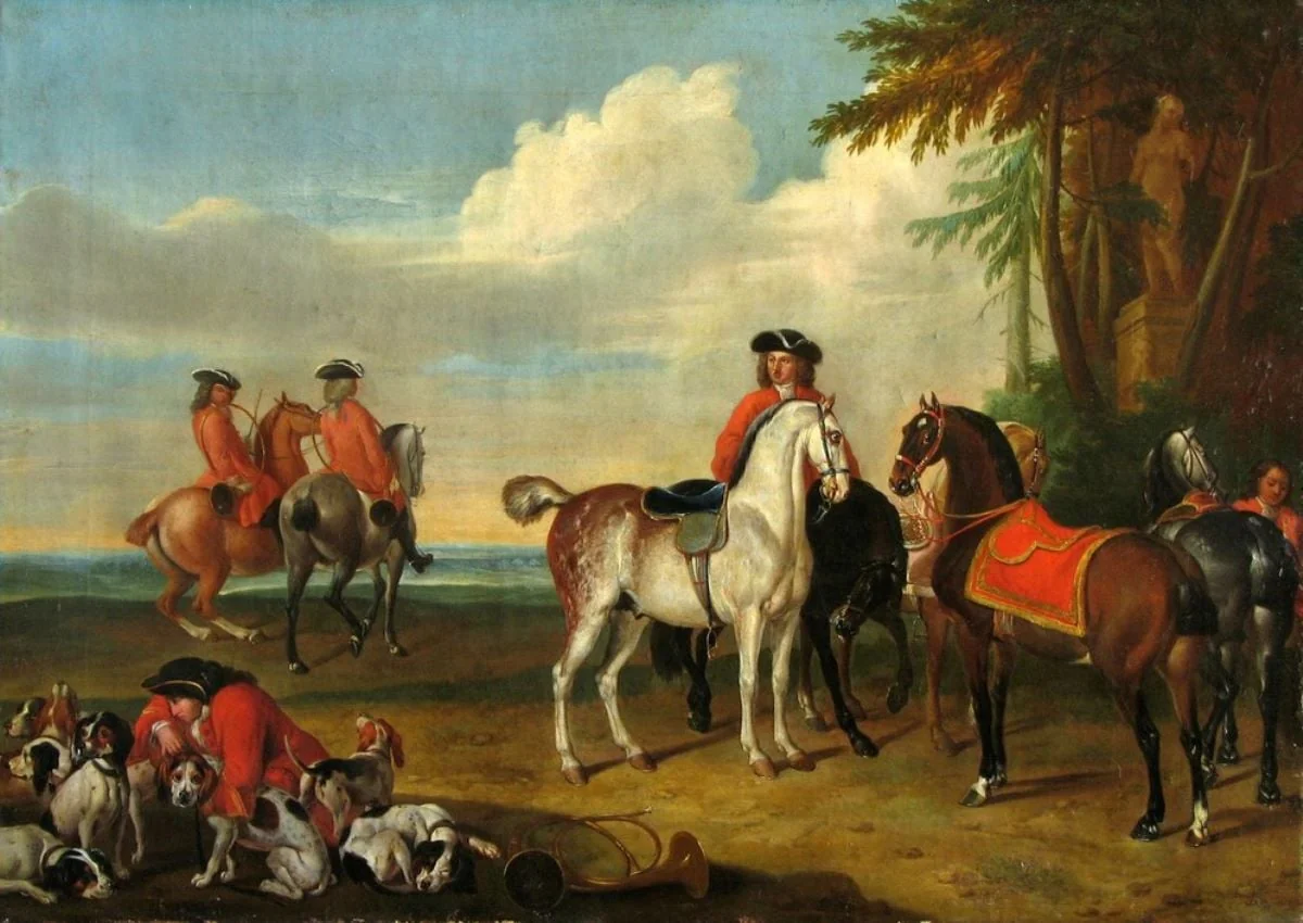 Plecare la vânătoare cu câini; pandant: Plecare la vânătoare cu șoimi, by Johann Georg Hamilton