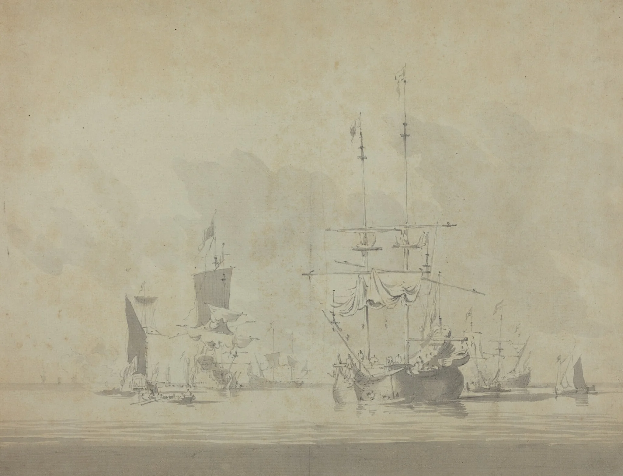 Marine, by Velde, Willem van de, the Younger, watercolor, 1670