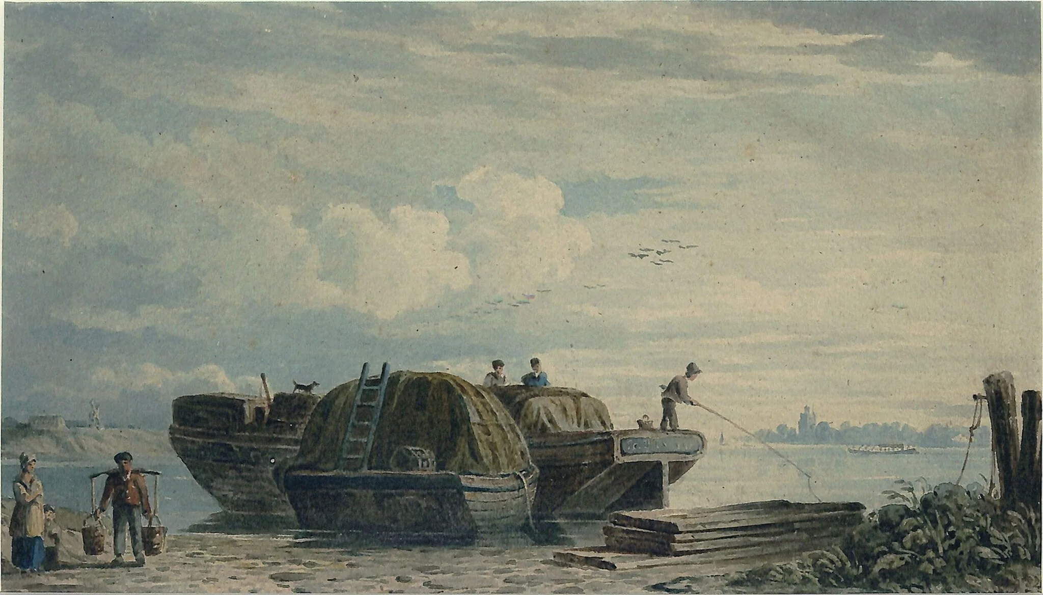 Hay barges, by John Varley, watercolor, 1800