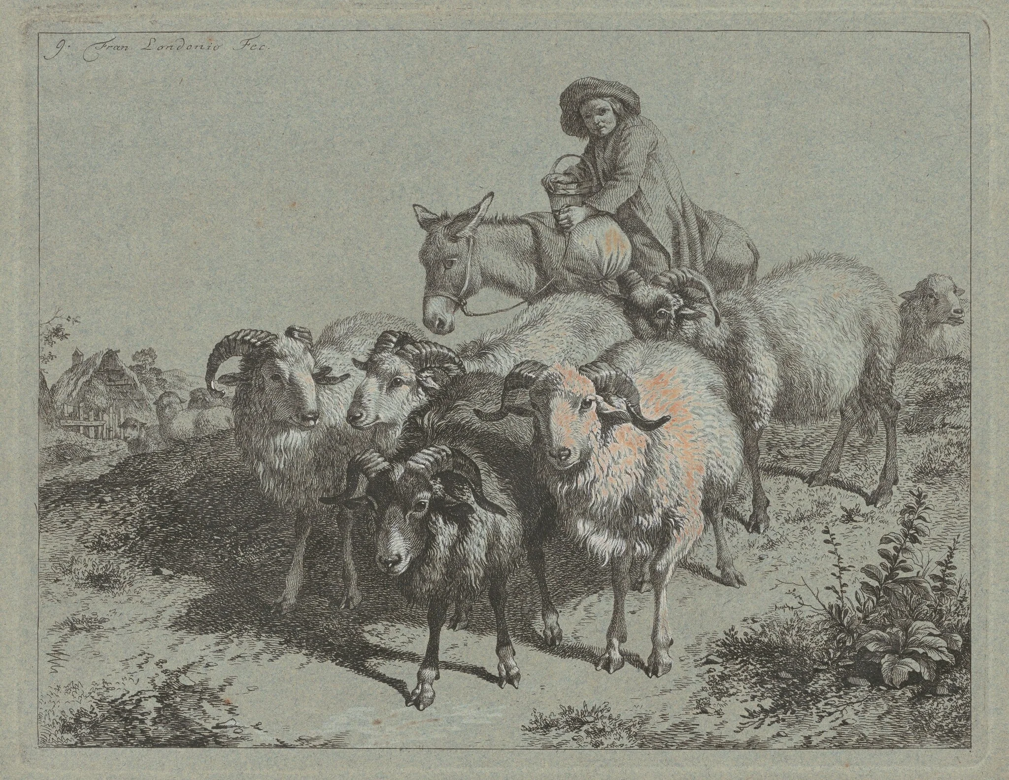 Boy on a Donkey Driving a Flock, by Francesco Londonio, ink, 1763