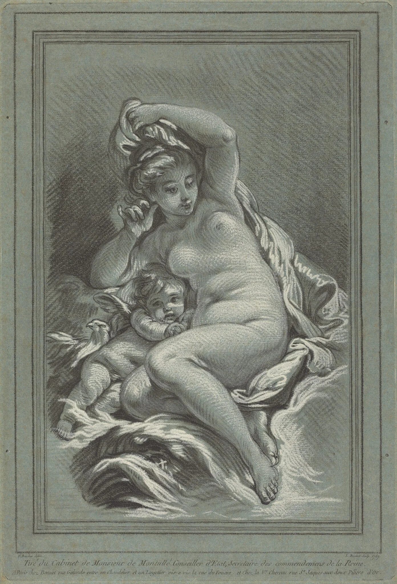 Venus and Cupid on a Dolphin, by Louis-Marin Bonnet, chalk, 1767