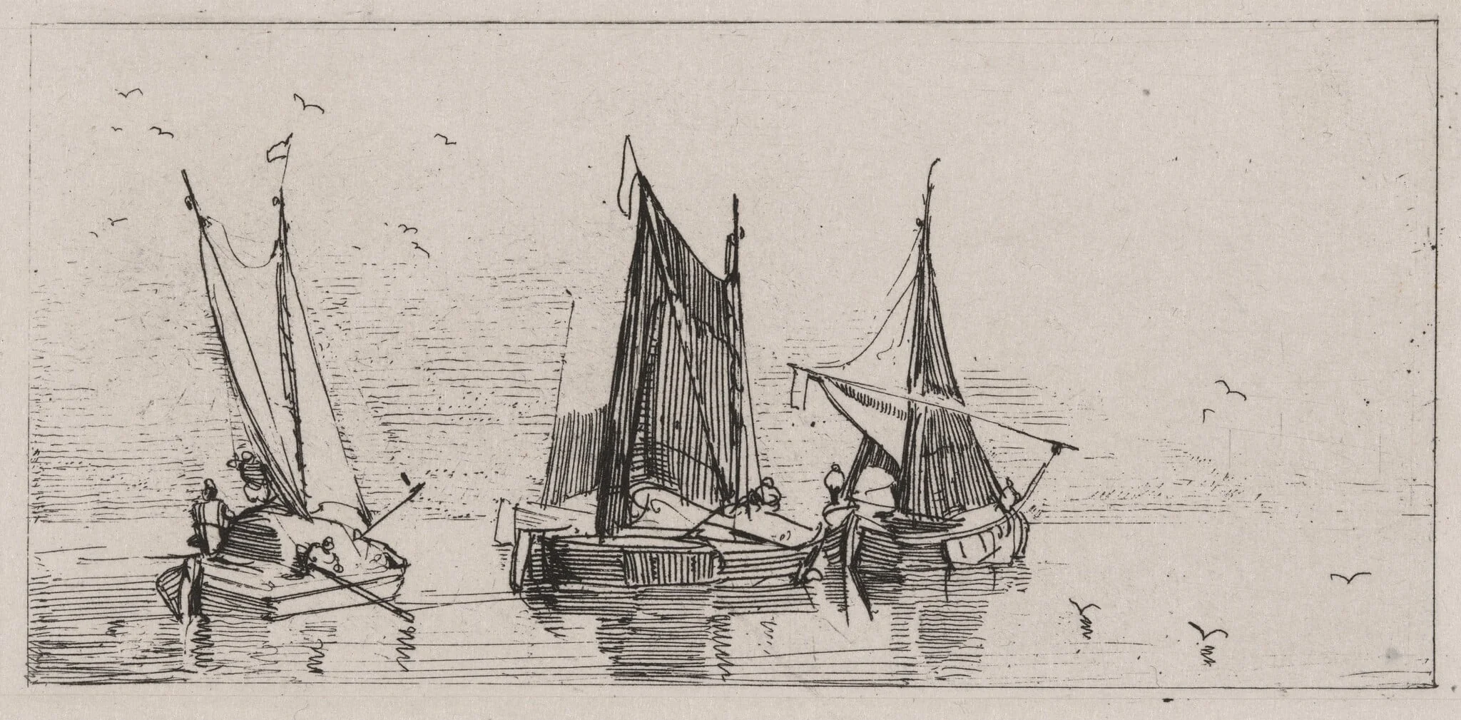 Three Sailboats, by Caspar Johann Nepomuk Scheuren, ink, 1842