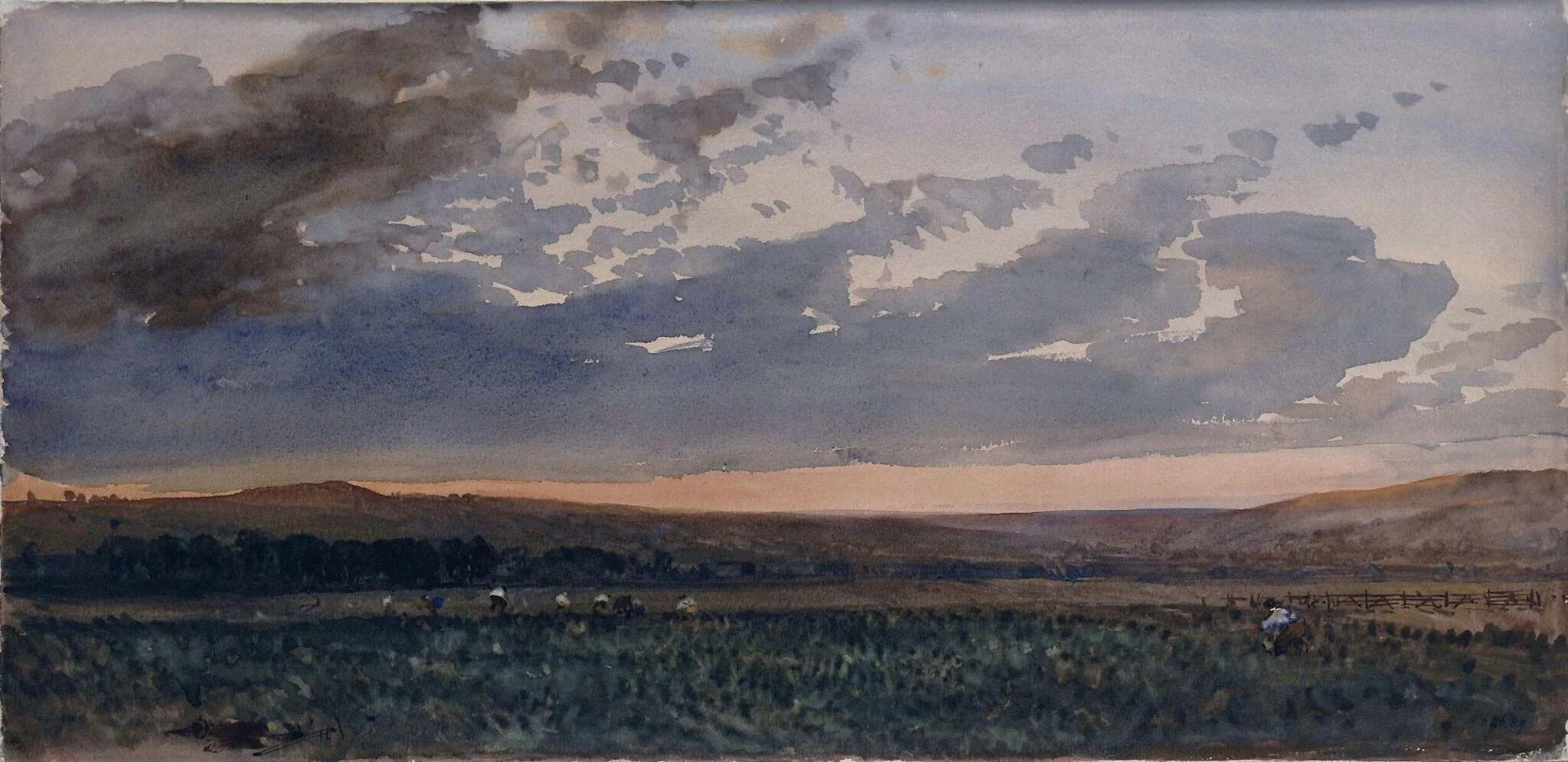 Landscape with rustics working: evening effect