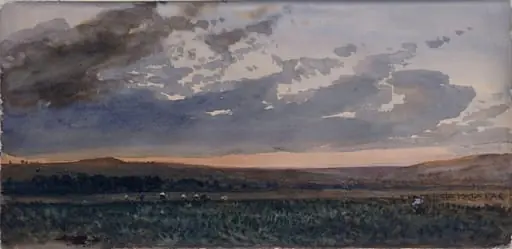 Landscape with rustics working: evening effect