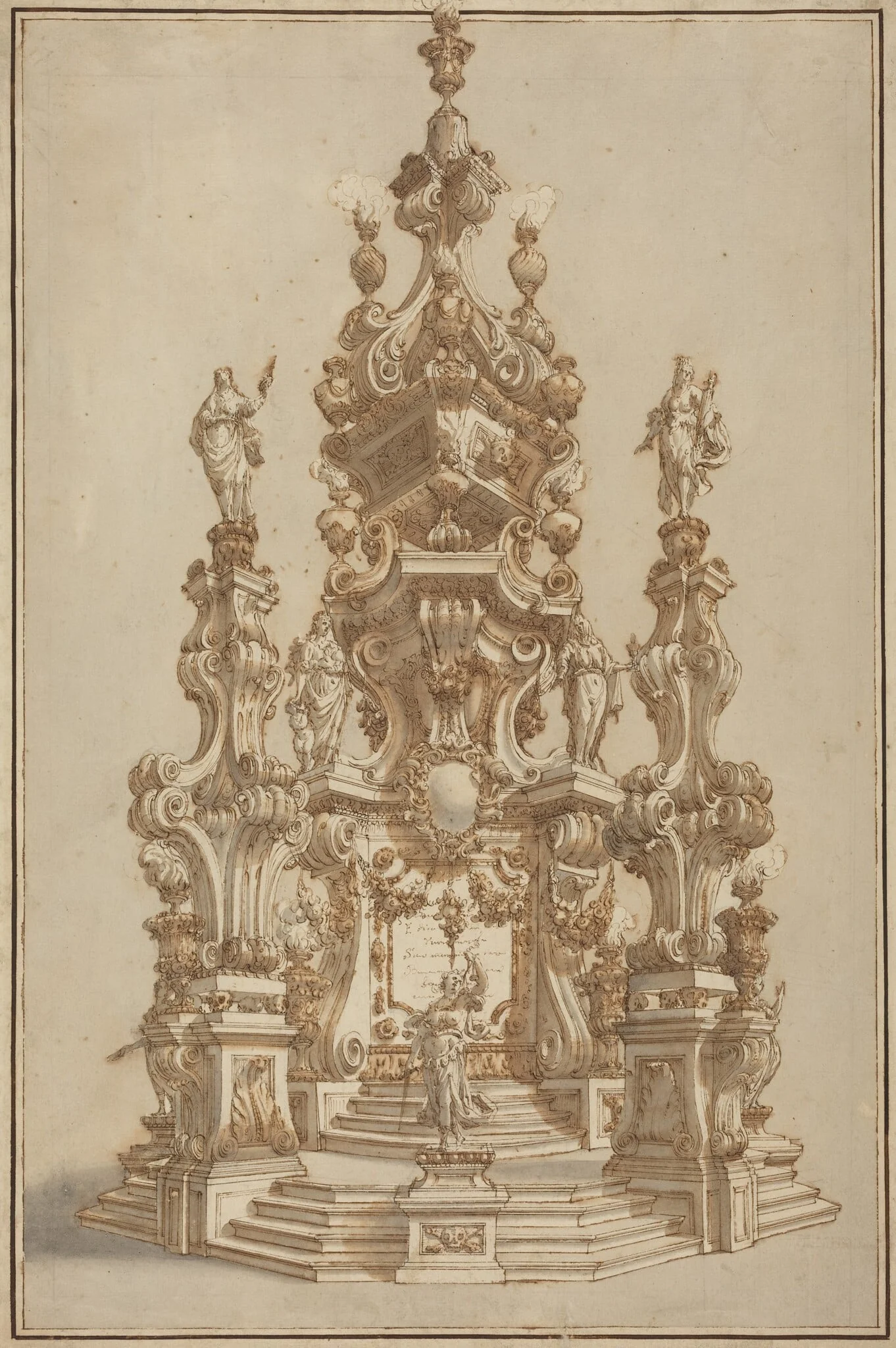 Magnificent Catafalque for a Deceased Noble, by Francesco Galli Bibiena, ink, 1699