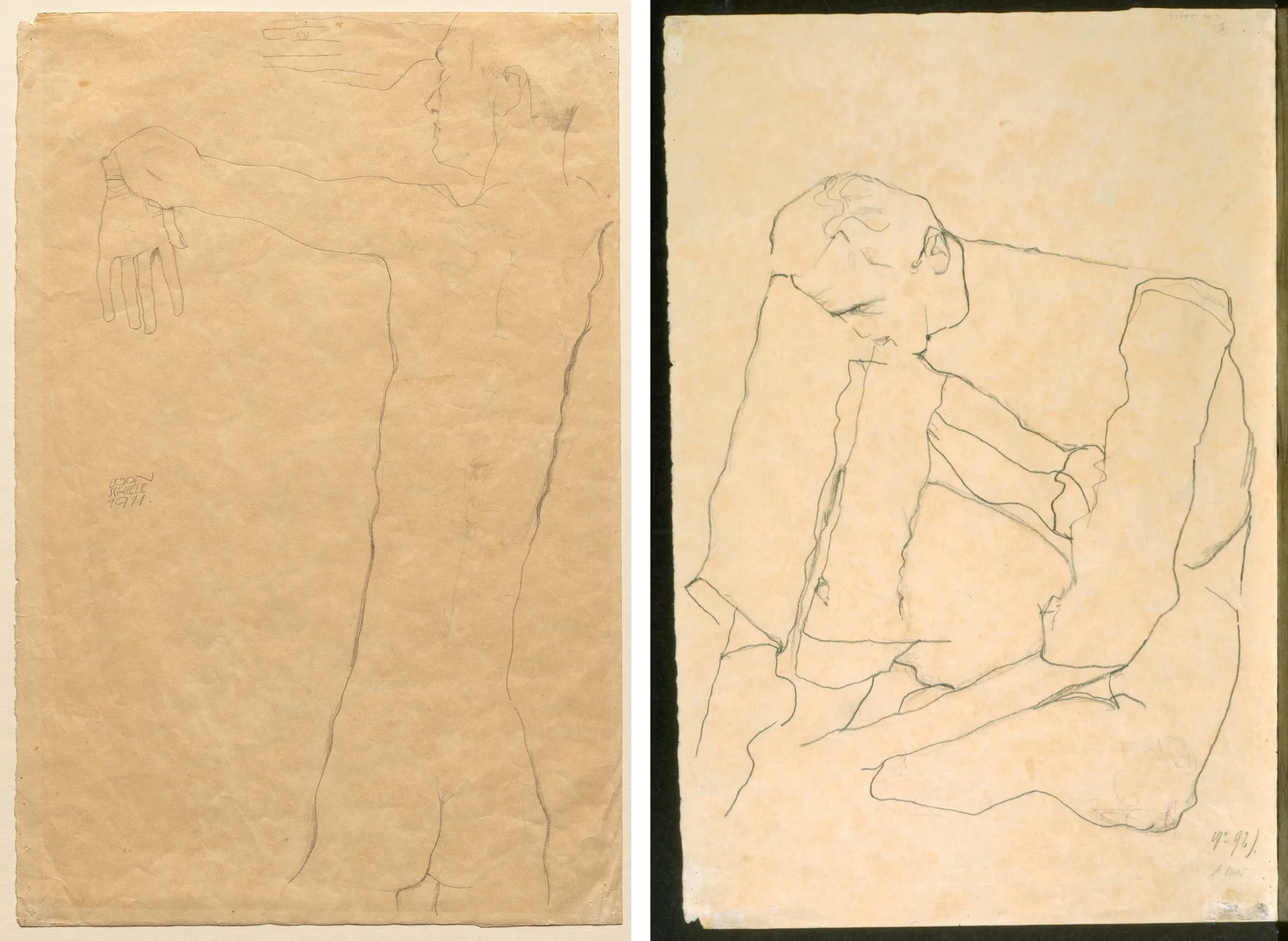Nude Man with Raised Arms (recto) Seated Man (verso), by Egon Schiele, 1911