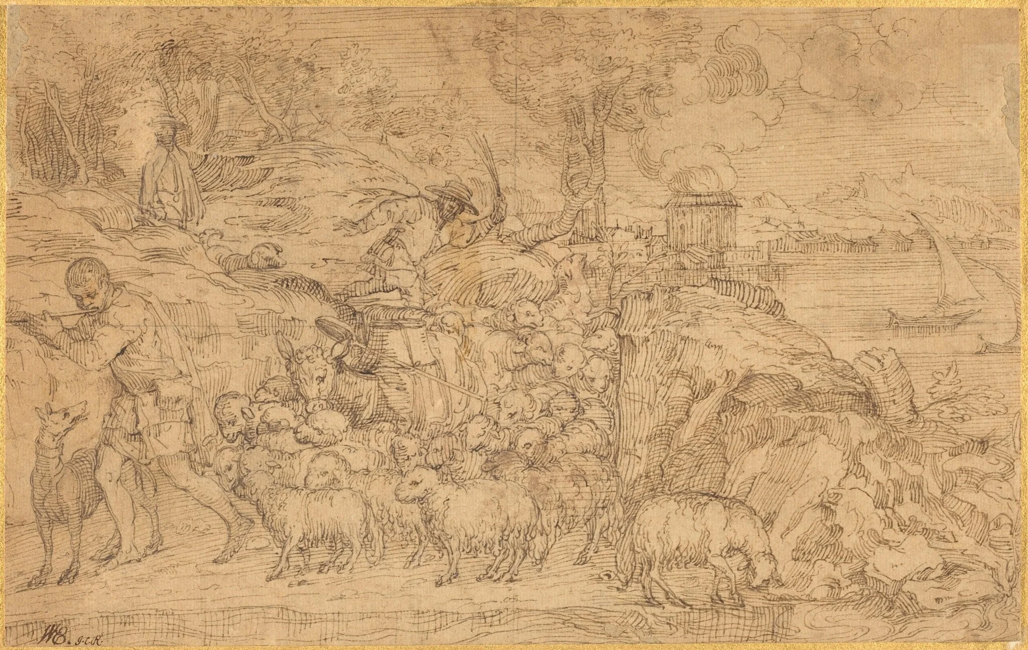 Shepherd Playing a Flute and Leading His Flock, by Domenico Campagnola, chalk, 1532