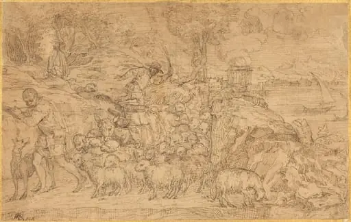 Shepherd Playing a Flute and Leading His Flock