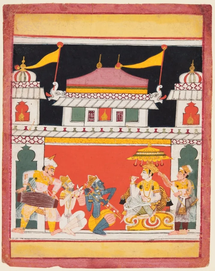 Three Musicians Perform Before a King: Shri Raga, from a Ragamala, by Unknown, unspecified, 1650