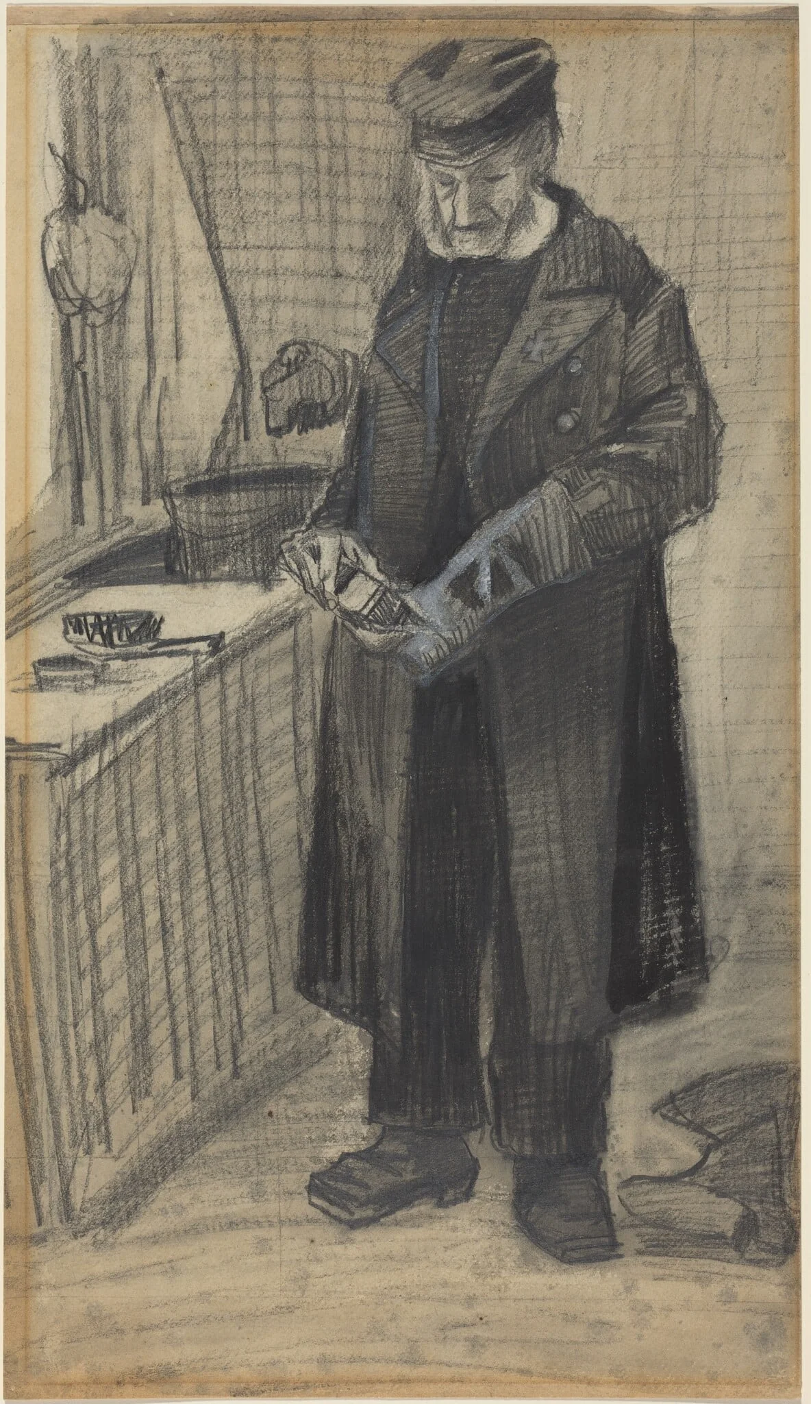 Man Polishing a Boot, by Vincent van Gogh, chalk, 1882