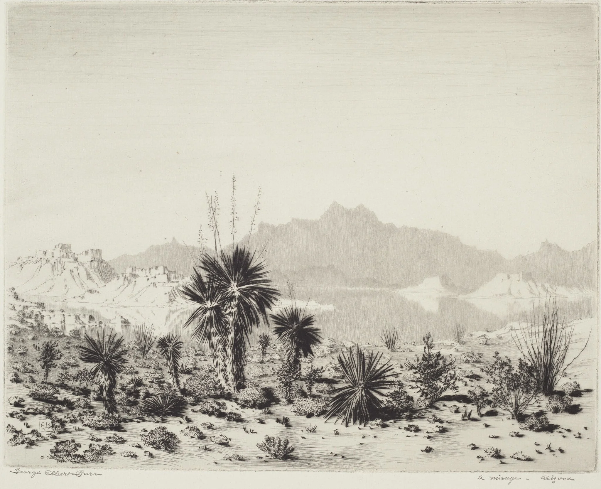A Mirage, Arizona, by George Elbert Burr, ink, 1929