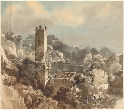 Ruins of a Fortified Tower among Wooded Hills