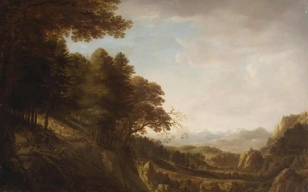 Wooded mountain landscape with lumberjacks
