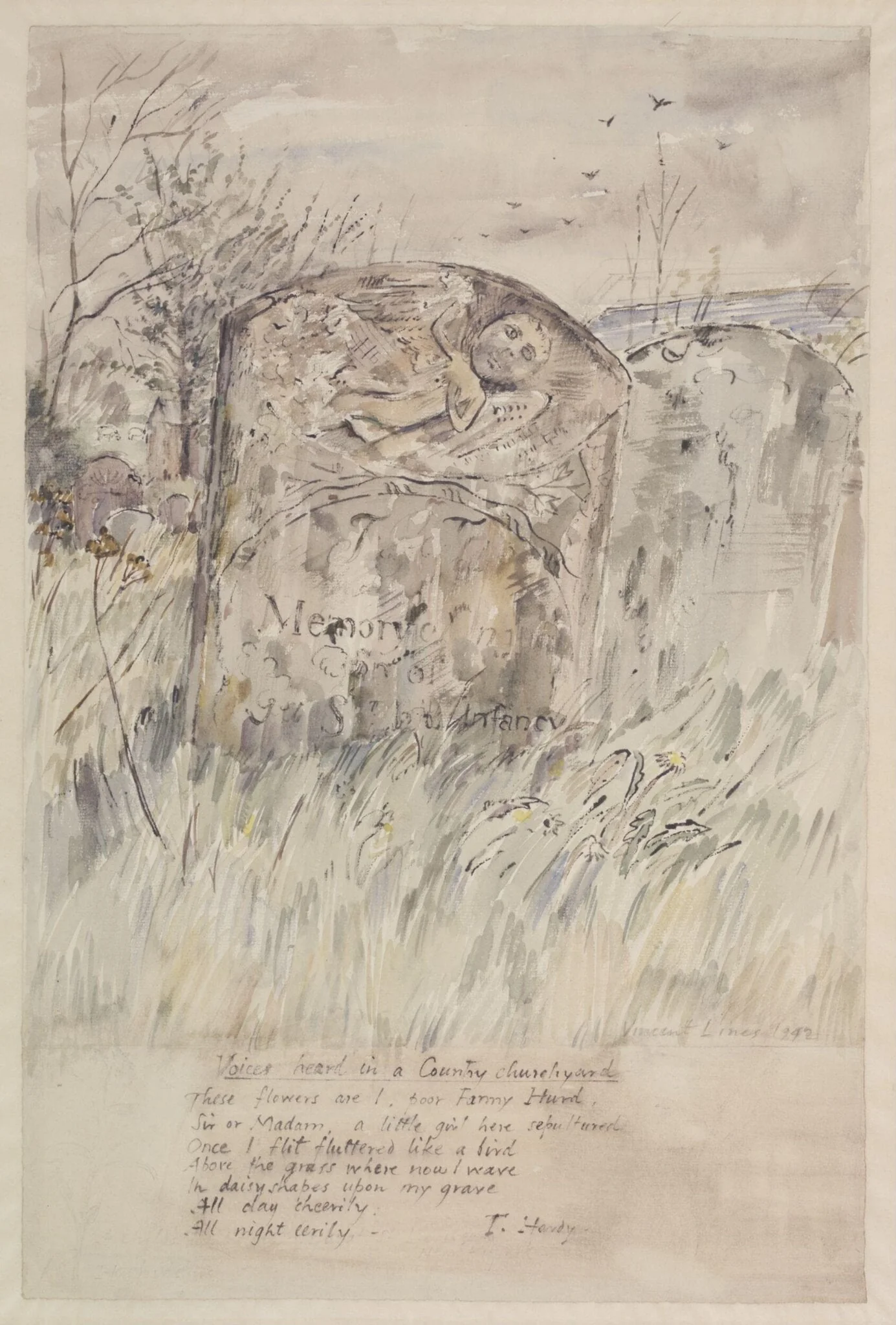 Child's Tombstone in the Churchyard of St. Devereux, Kilpeck, by Lines, watercolor, 1942
