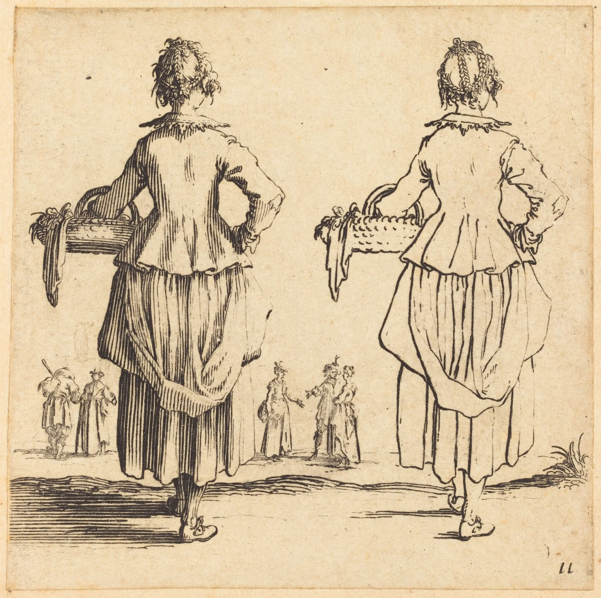 Peasant Woman with Basket, Seen from Behind, by Jacques Callot, ink, 1622