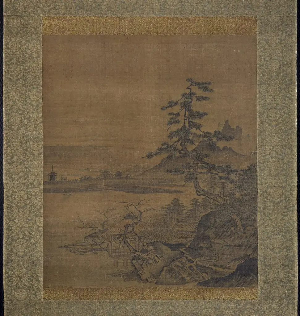 Spring View from a Thatched Pavilion on the Lakeshore
