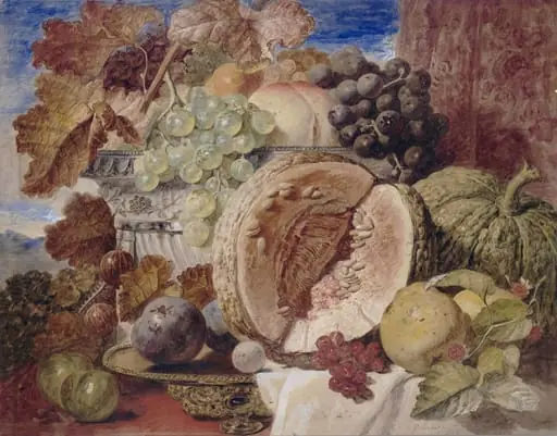 Still life with melons, grapes and other fruit