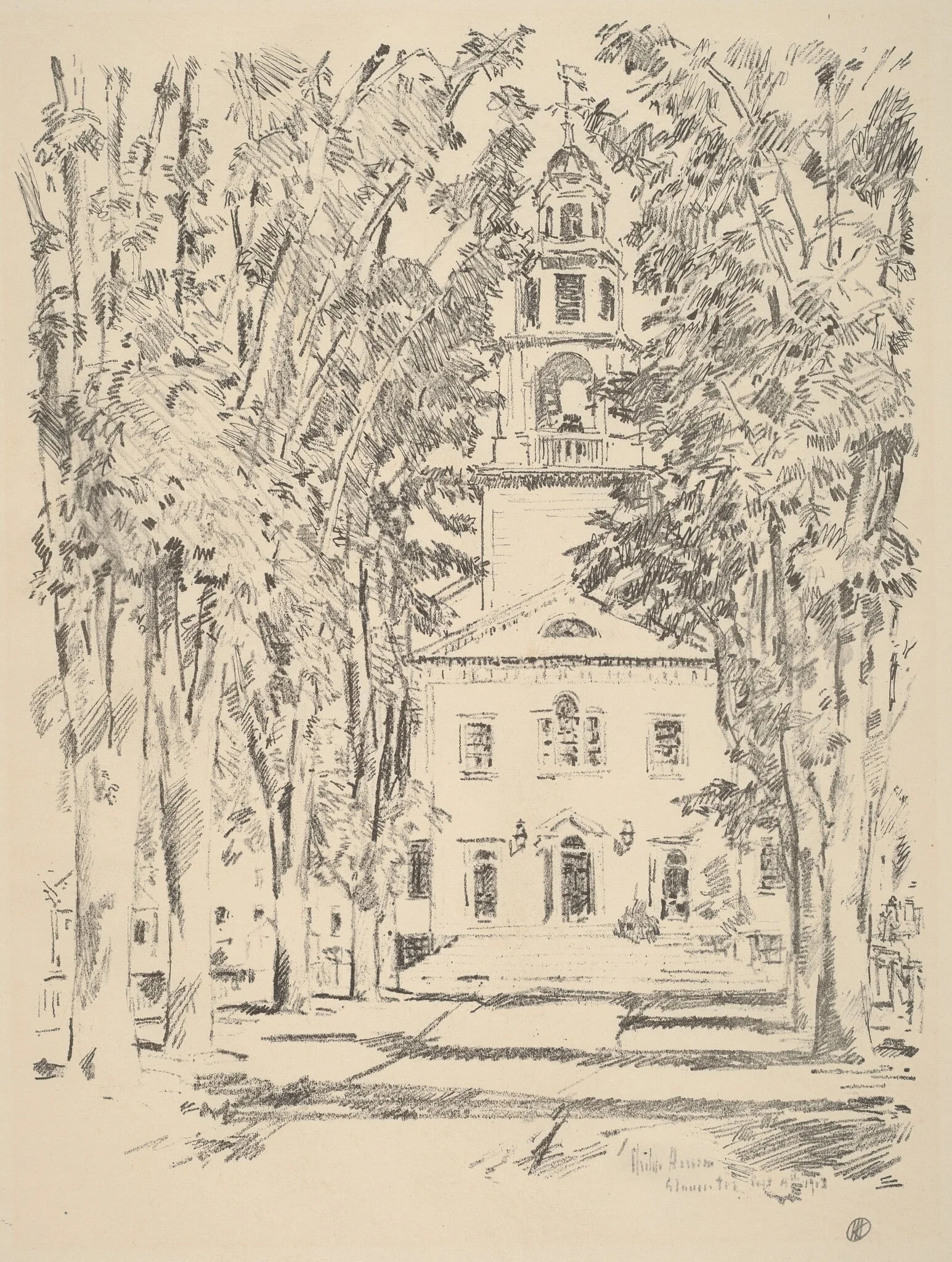 Colonial Church, Gloucester, by Childe Hassam, ink, 1918