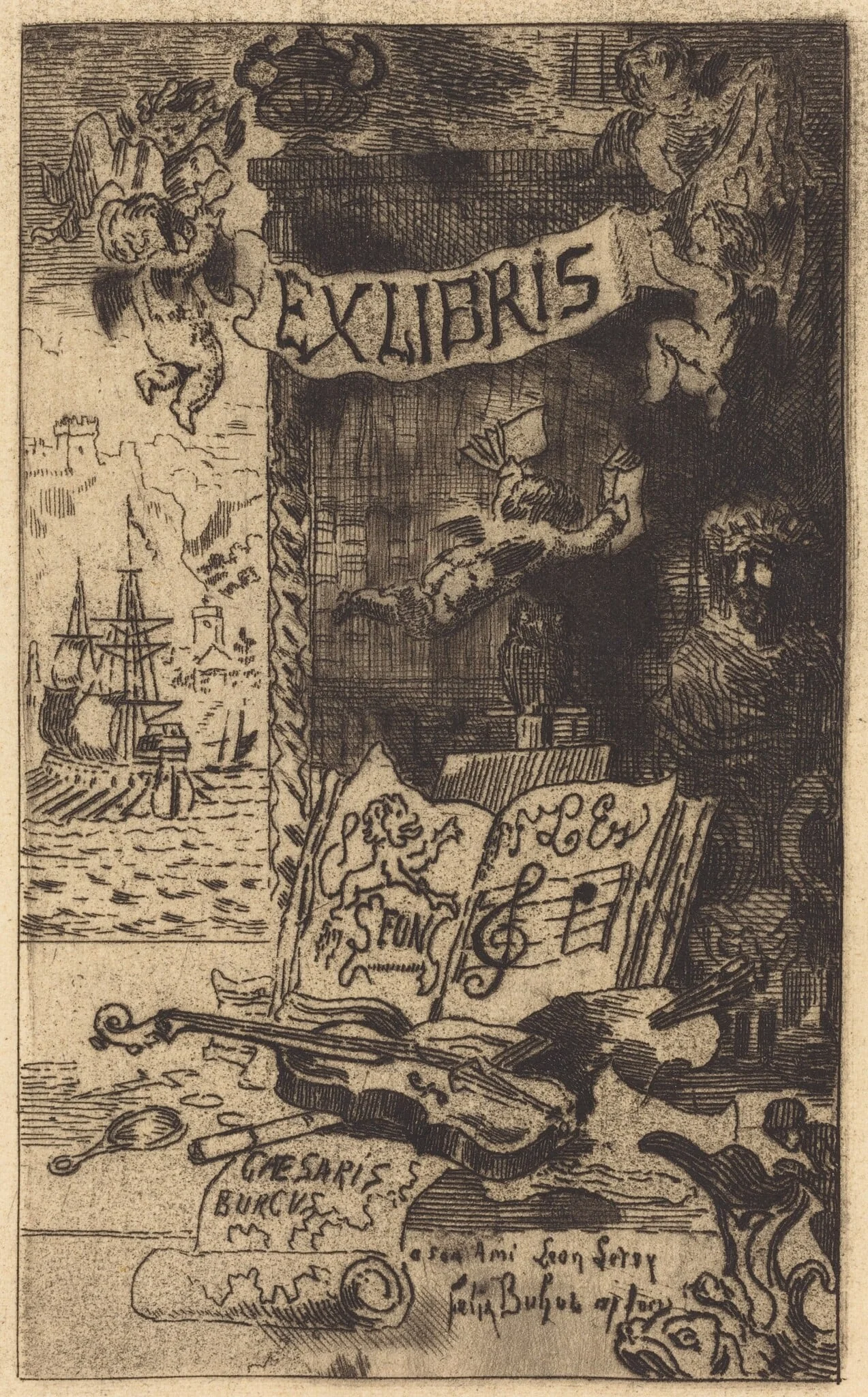 Ex-libris de Léon Lerey (Ex-libris of Leon Lerey), by Félix-Hilaire Buhot, ink, 1876