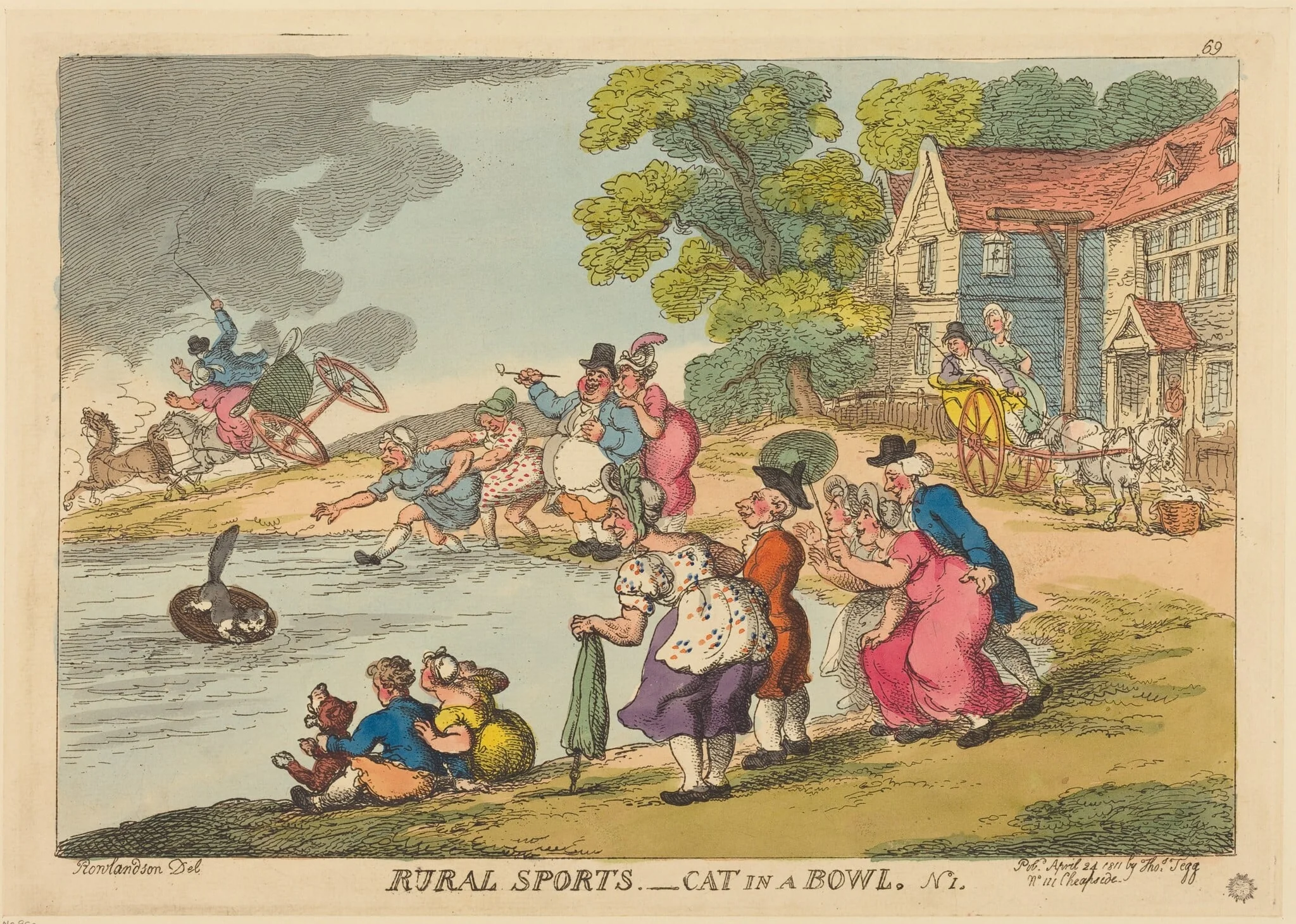 Rural Sports. Cat in a Bowl. No.1, by Thomas Rowlandson, ink, 1811